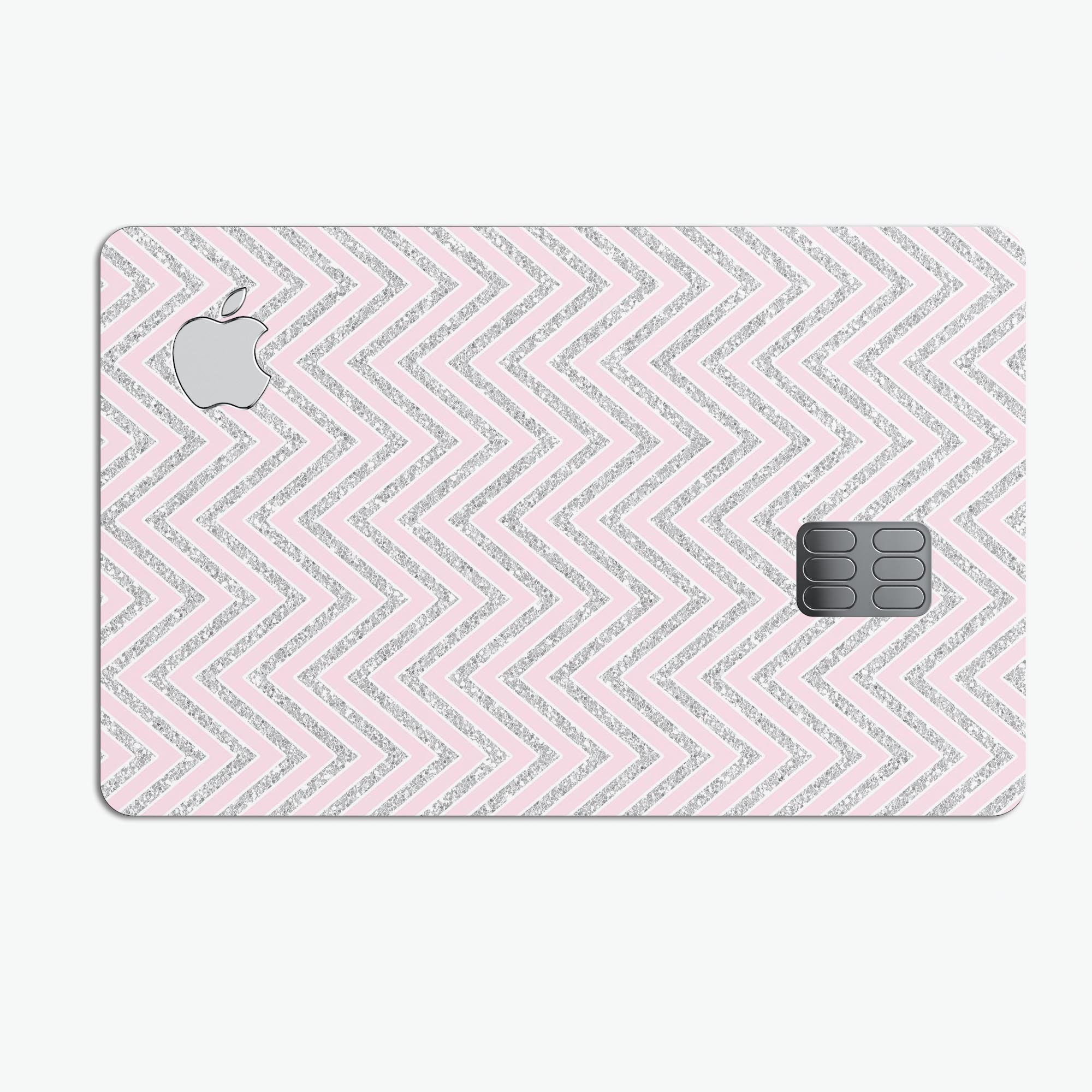 Pink and Silver Glitter 0009 Chevron Premium Protective Decal for Apple Card, showcasing its vibrant design and protective features.