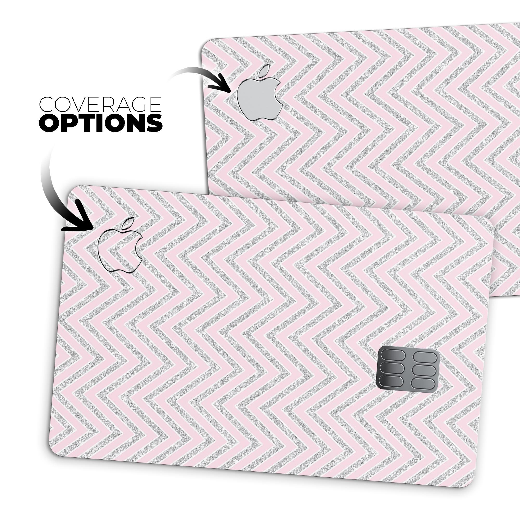 Pink and Silver Glitter 0009 Chevron Premium Protective Decal for Apple Card, showcasing its vibrant design and protective features.