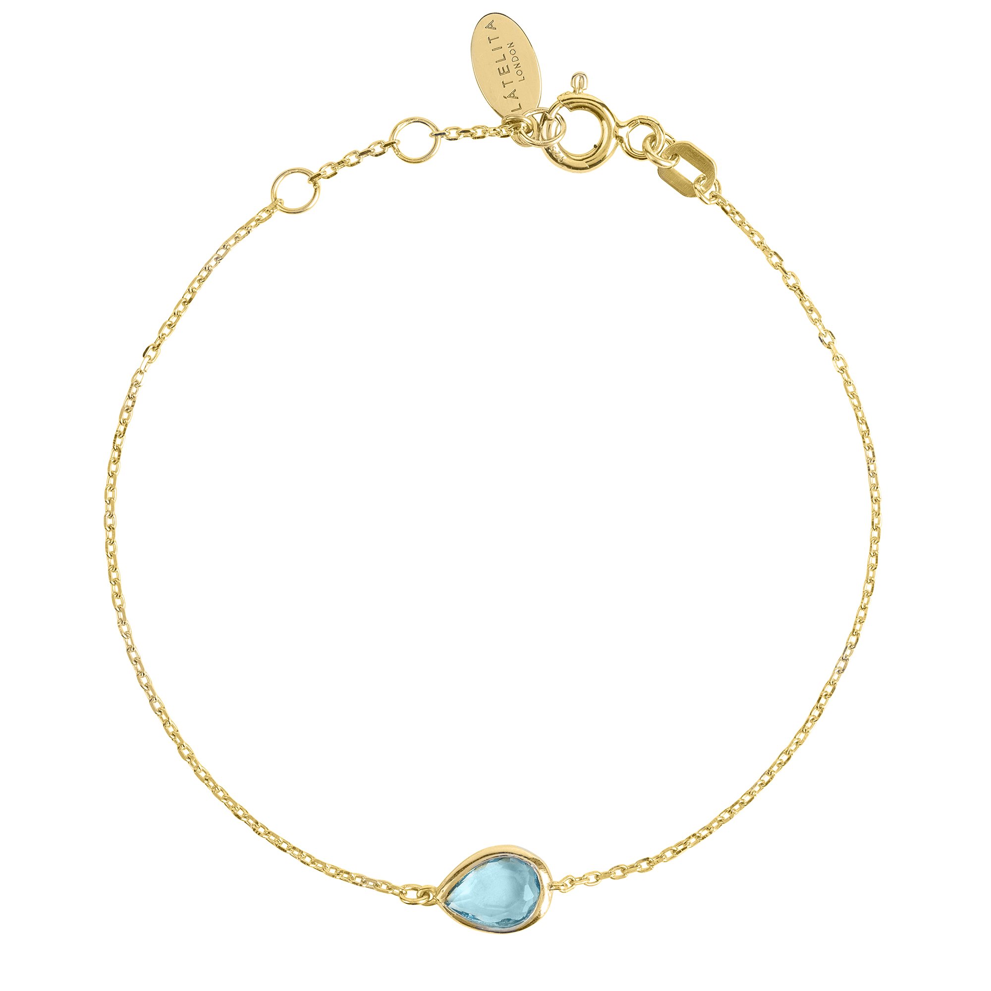 Pisa Mini Teardrop Bracelet in Gold featuring a Blue Topaz gemstone on a delicate chain, showcasing its elegant design.