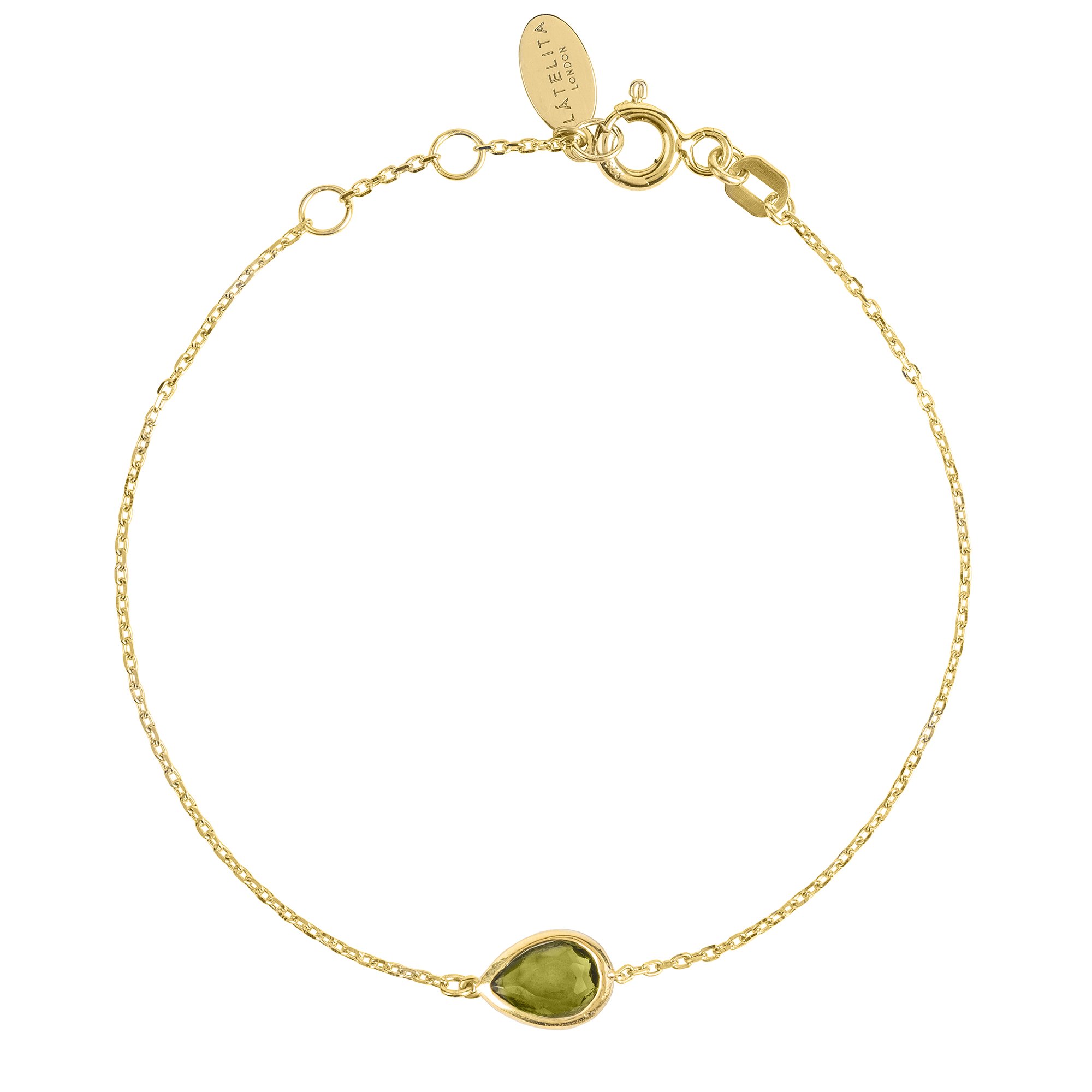 Pisa Mini Teardrop Bracelet in Gold with Peridot gemstone on a fine chain, showcasing its delicate design and adjustable size.