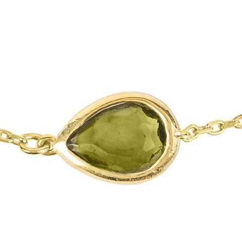 Pisa Mini Teardrop Bracelet in Gold with Peridot gemstone on a fine chain, showcasing its delicate design and adjustable size.