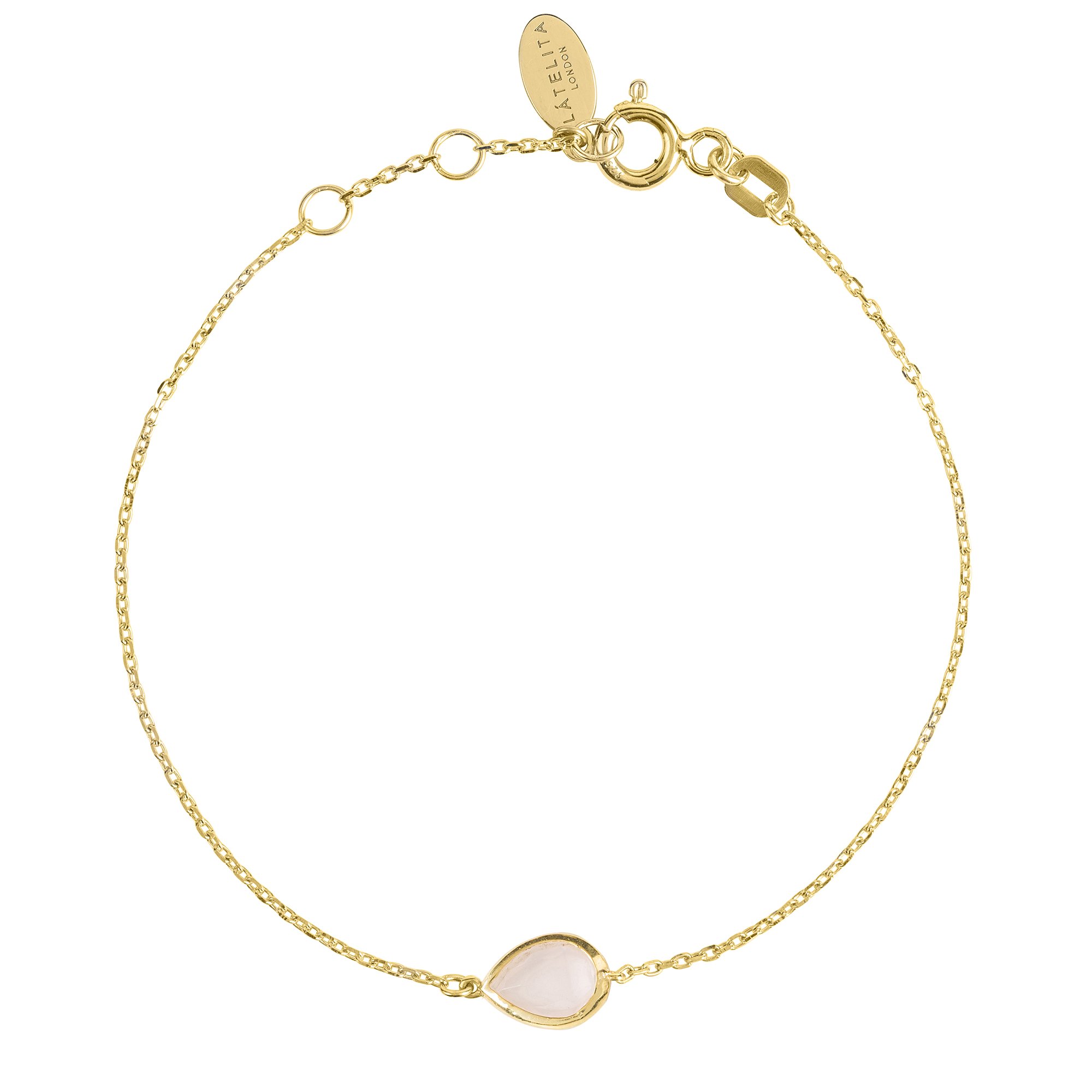 Pisa Mini Teardrop Bracelet featuring a delicate gold chain and rose quartz gemstone, elegantly designed for everyday wear.