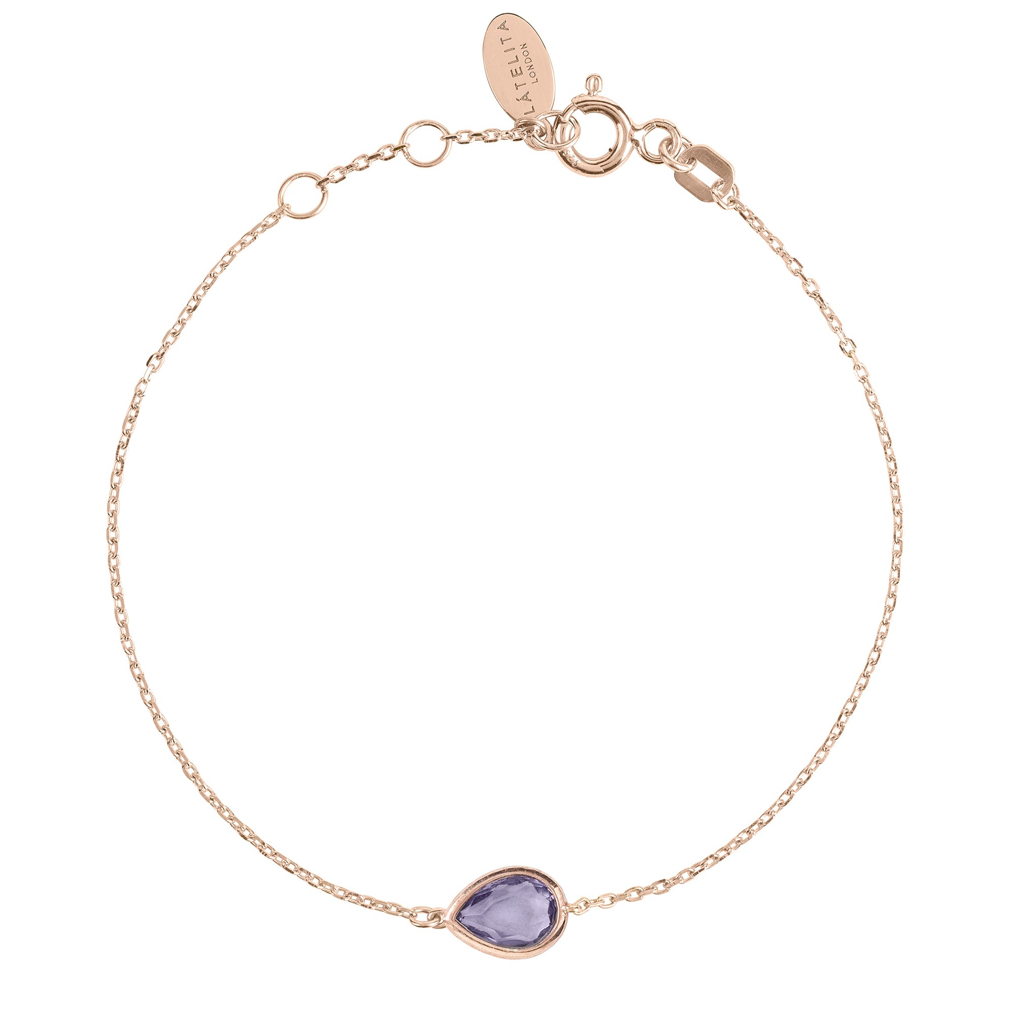 Pisa Mini Teardrop Bracelet in Rosegold with Amethyst gemstone on a fine chain, showcasing its delicate design and adjustable features.