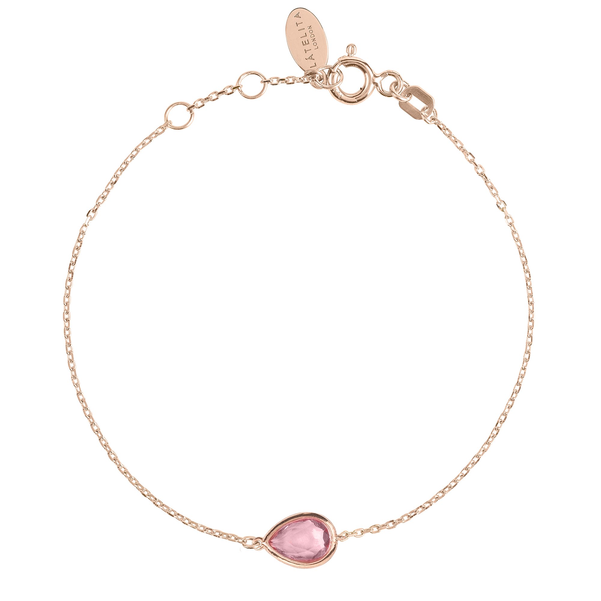 Pisa Mini Teardrop Bracelet in Rosegold featuring a Pink Tourmaline gemstone on a delicate chain, showcasing elegant design.