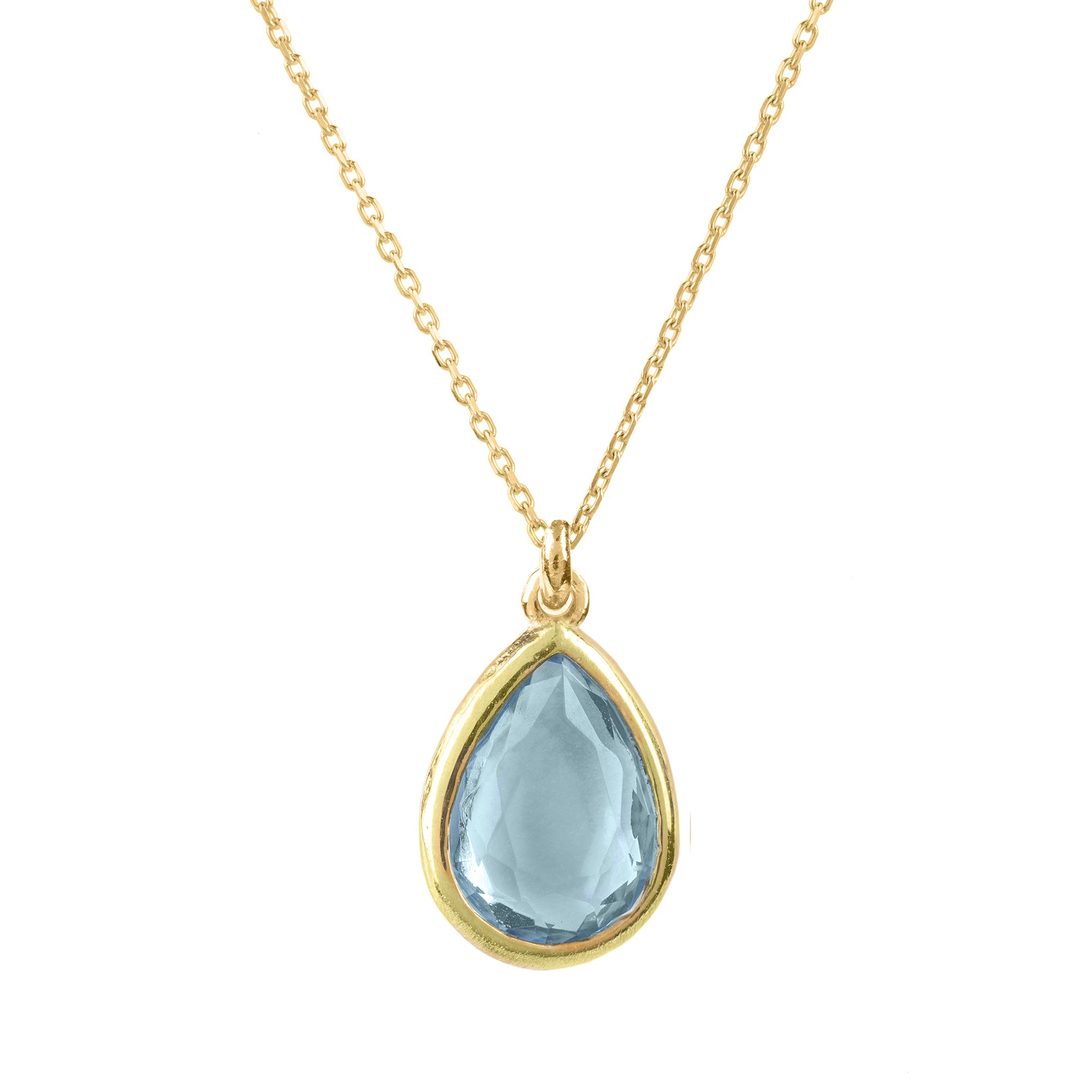 Pisa Mini Teardrop Necklace in Gold featuring a Blue Topaz gemstone, elegantly designed with a fine chain and adjustable length.