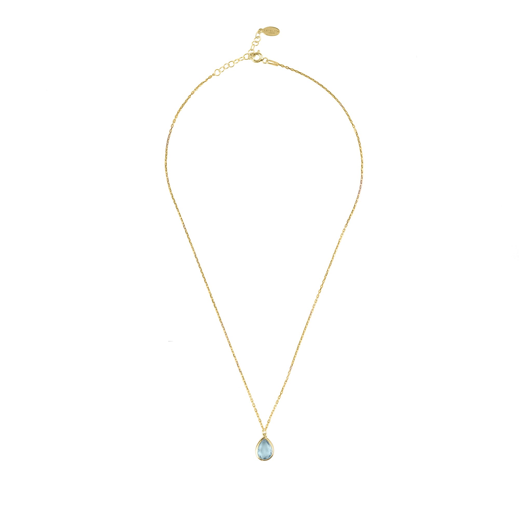 Pisa Mini Teardrop Necklace in Gold featuring a Blue Topaz gemstone, elegantly designed with a fine chain and adjustable length.