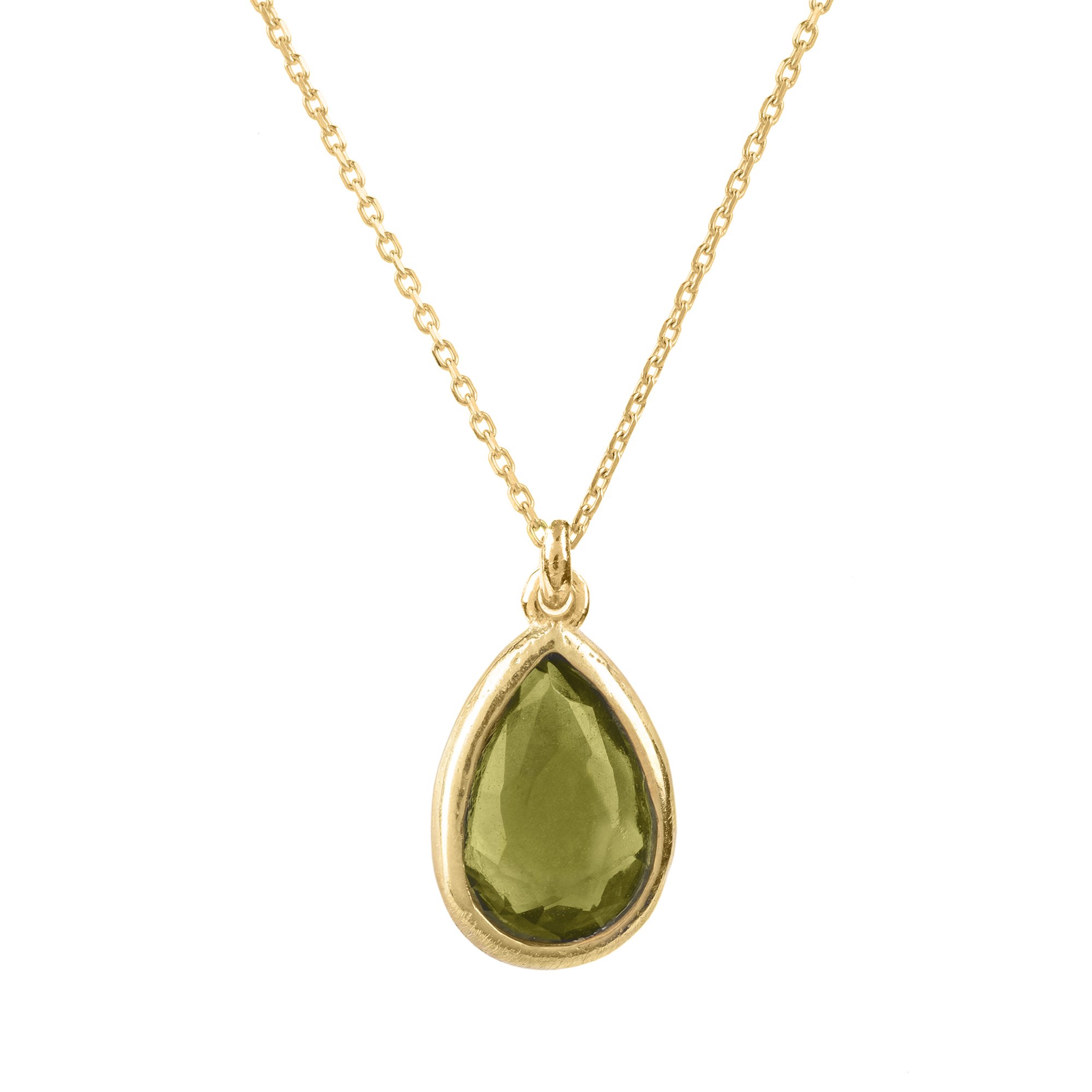 Pisa Mini Teardrop Necklace in Gold featuring a delicate peridot gemstone on a fine chain, elegantly displayed against a soft background.