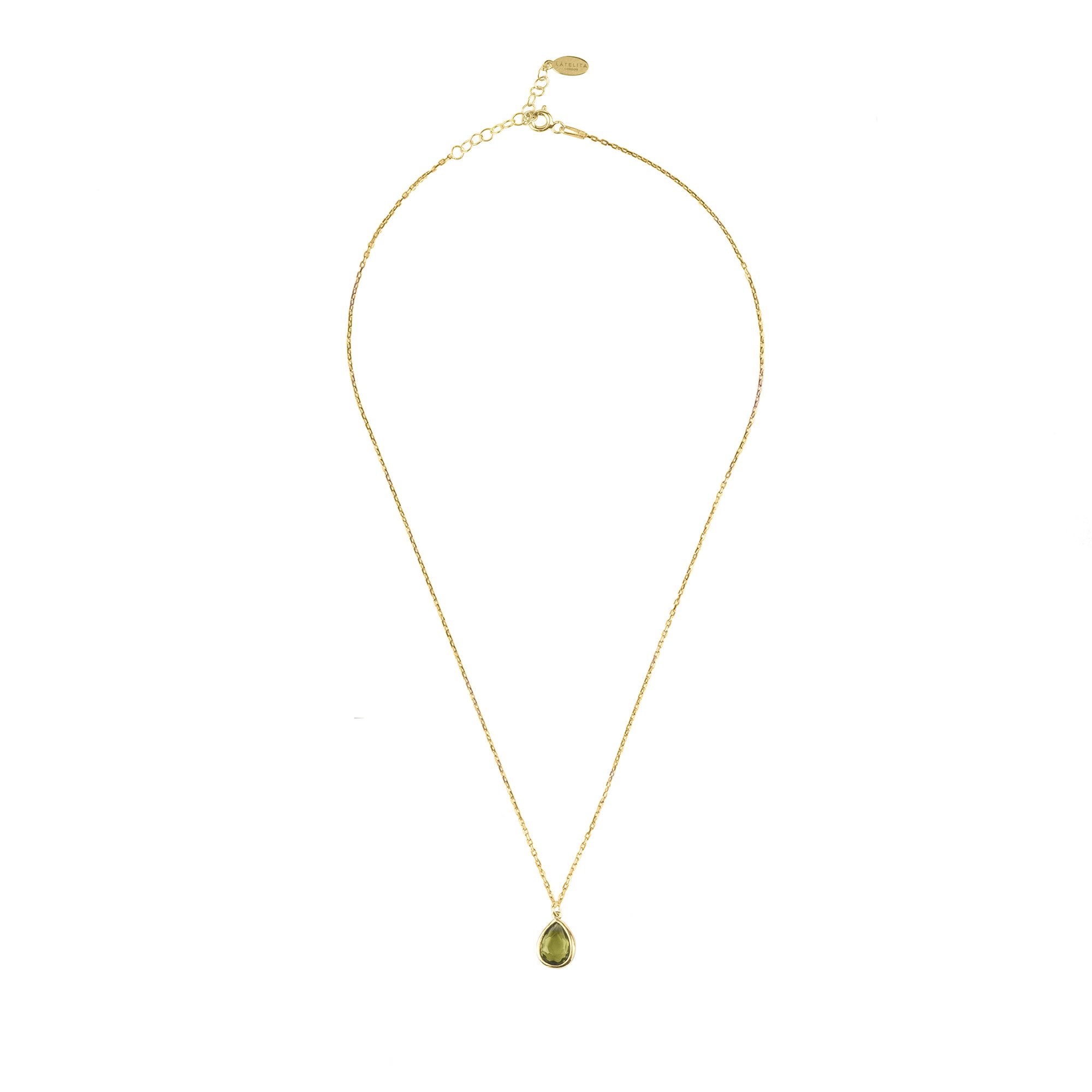 Pisa Mini Teardrop Necklace in Gold featuring a delicate peridot gemstone on a fine chain, elegantly displayed against a soft background.