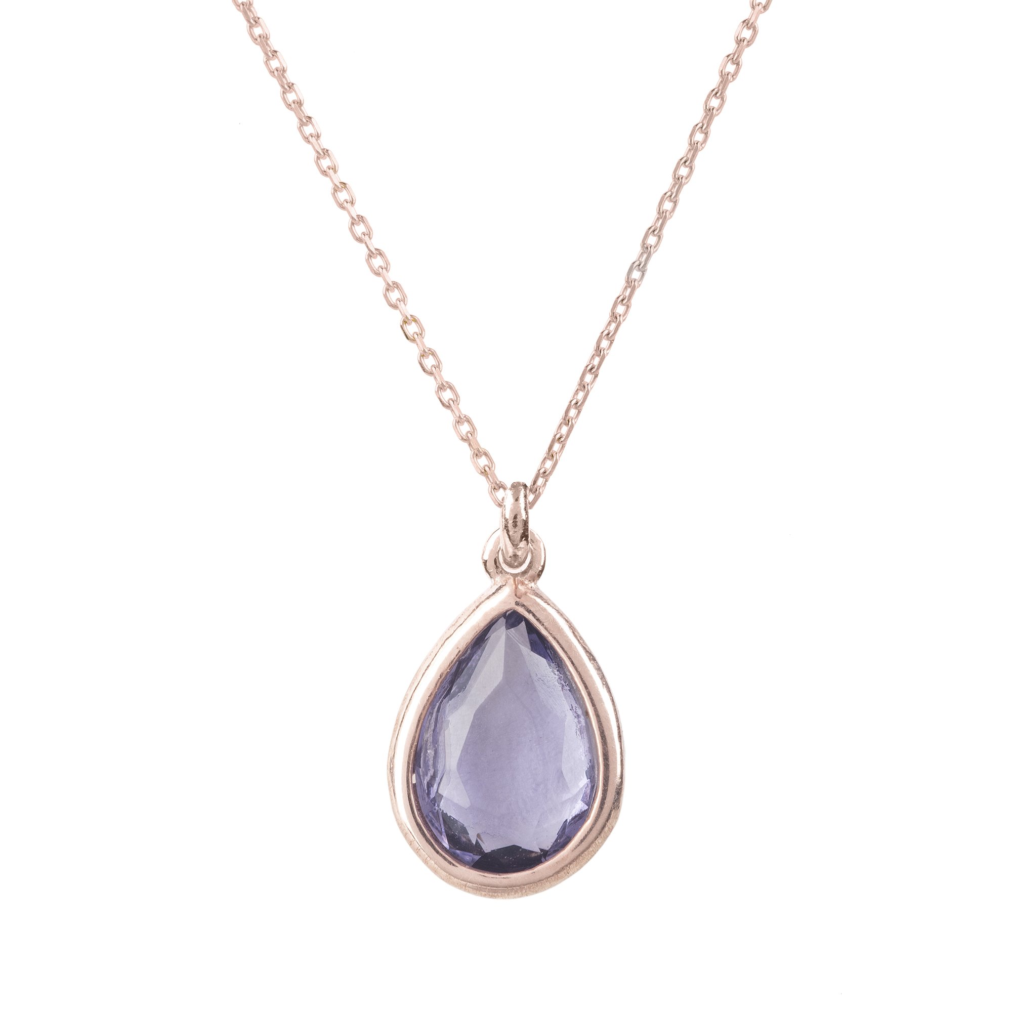 Pisa Mini Teardrop Necklace featuring a rosegold chain and amethyst gemstone, elegantly designed for delicate jewelry lovers.