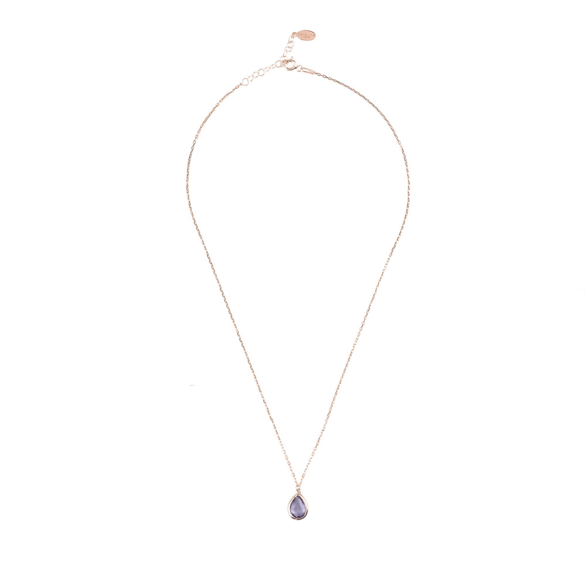 Pisa Mini Teardrop Necklace featuring a rosegold chain and amethyst gemstone, elegantly designed for delicate jewelry lovers.