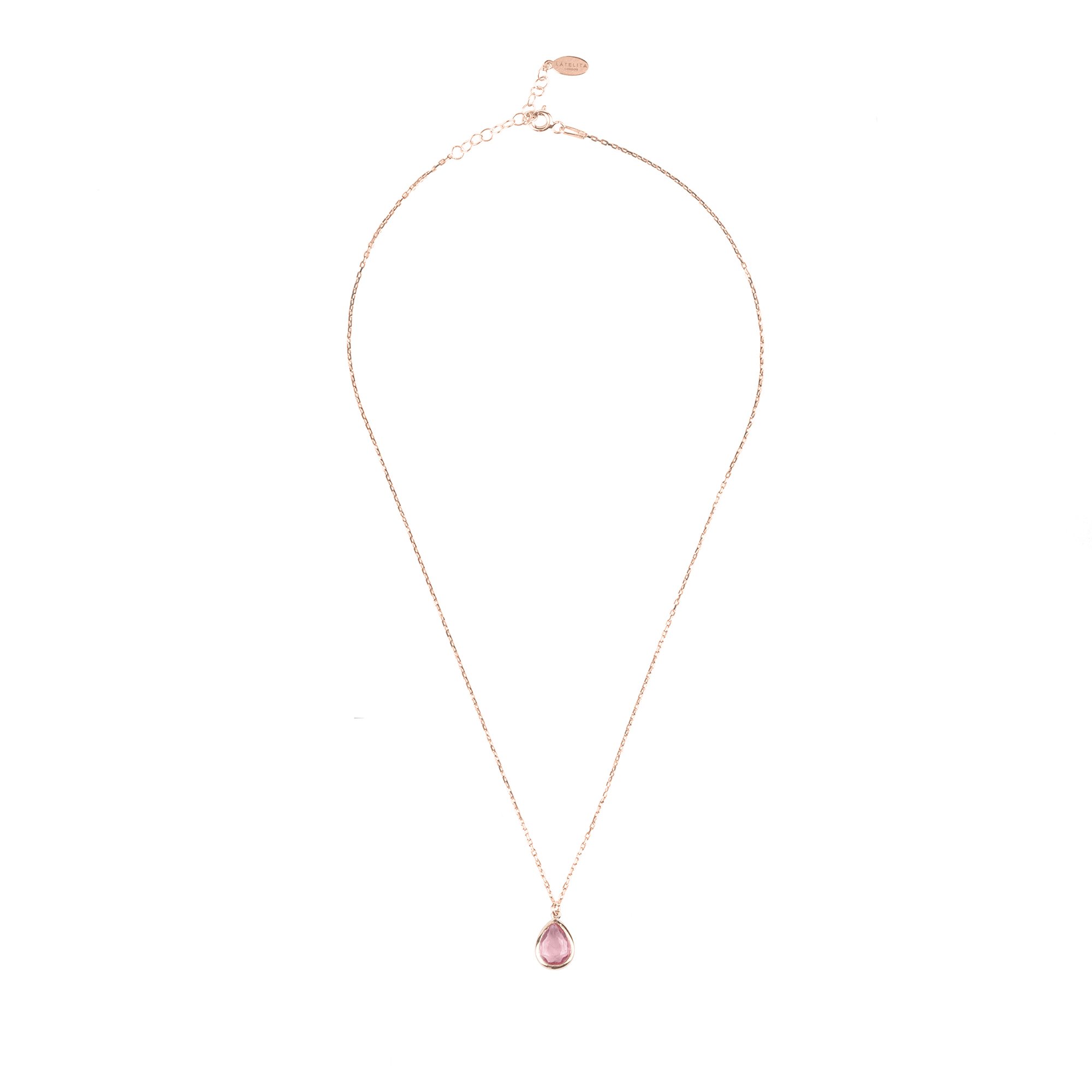 Pisa Mini Teardrop Necklace in Rosegold featuring a petite Pink Tourmaline gemstone on a fine chain.