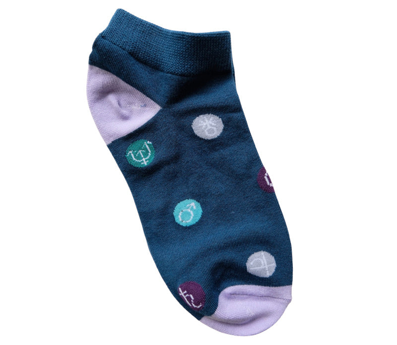 A pair of stylish socks featuring colorful planetary symbols on a soft organic cotton fabric.