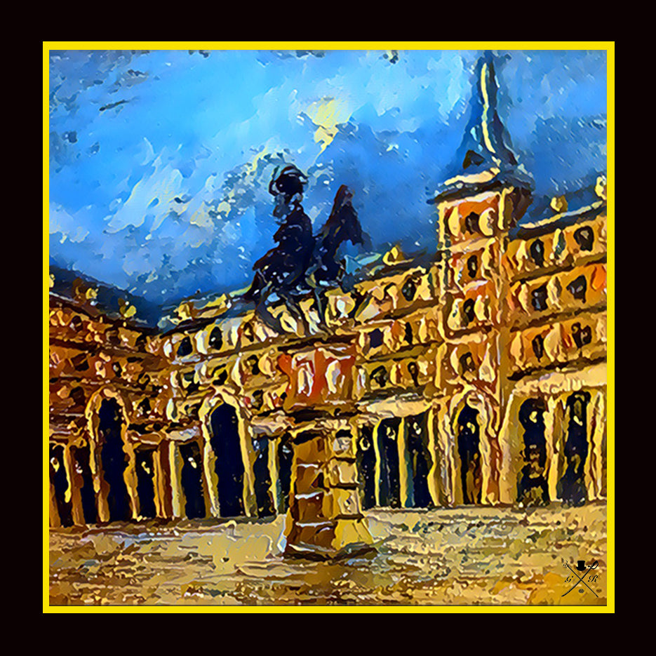 Plaza Mayor de Madrid Pocket Square featuring intricate designs inspired by Spanish culture.