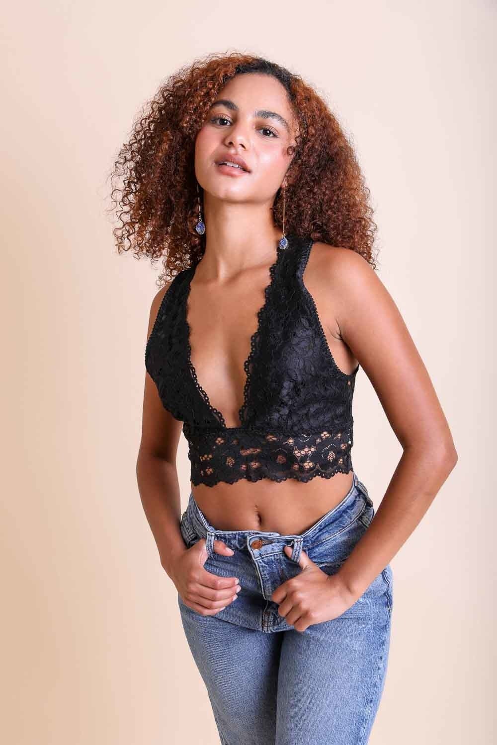 A stylish lace plunge racerback bralette with a plunging neckline, perfect for low-cut tops and versatile enough to wear as a crop top.