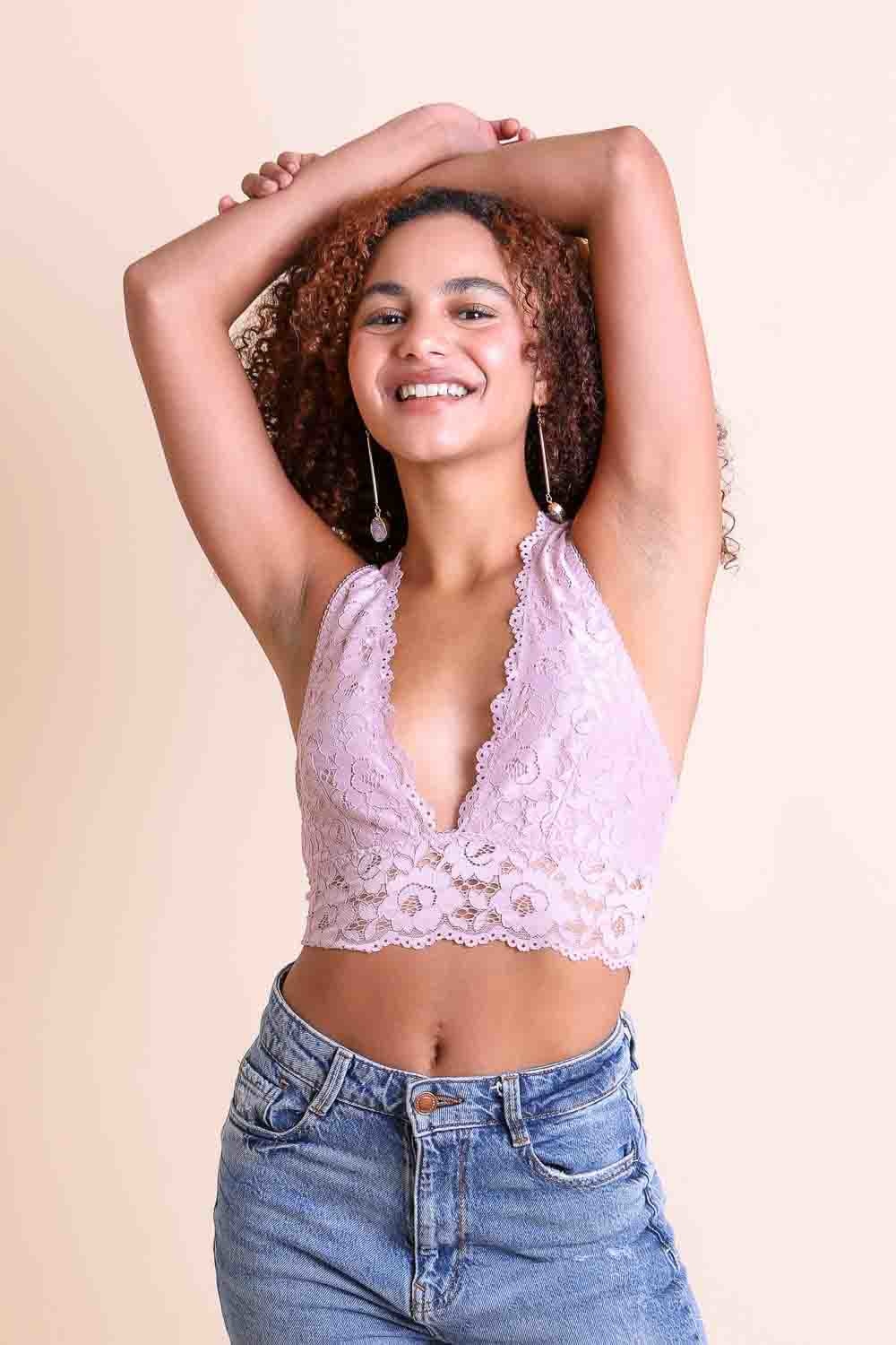 A stylish lace plunge racerback bralette with a plunging neckline, perfect for low-cut tops and versatile enough to wear as a crop top.