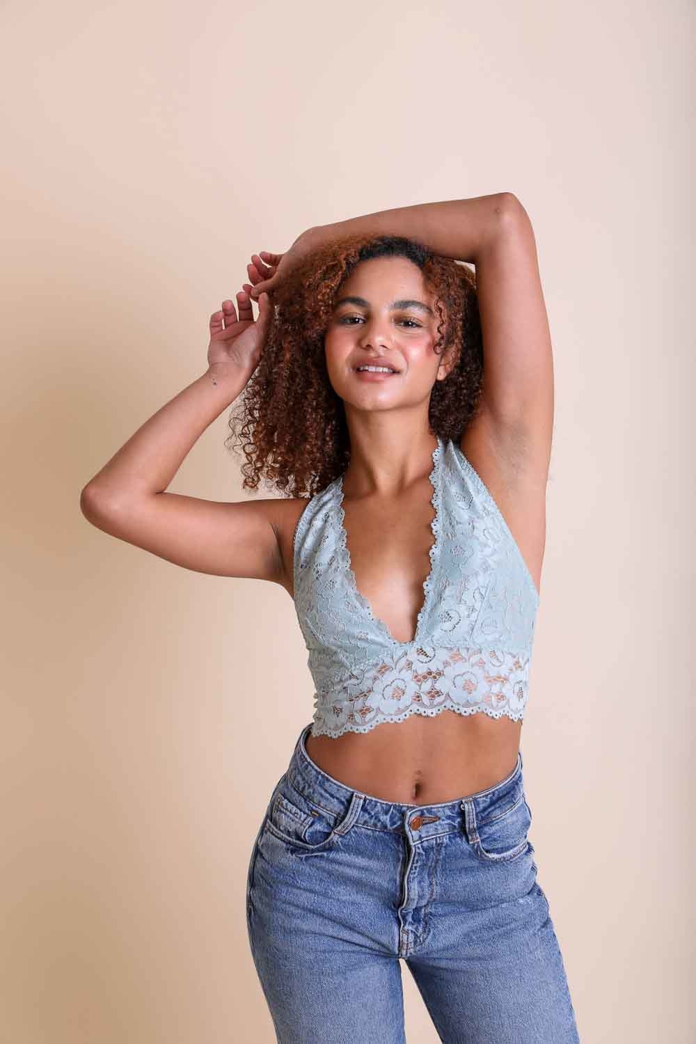 A stylish lace plunge racerback bralette with a plunging neckline, perfect for low-cut tops and versatile enough to wear as a crop top.