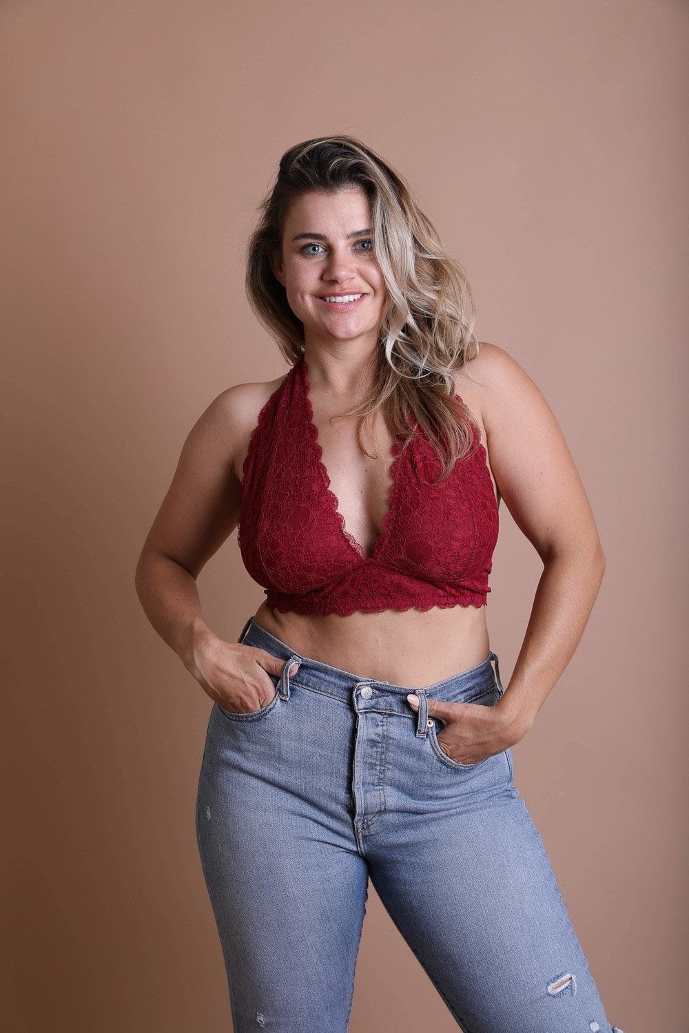 Plus Halter Top Bralette in extended sizes, featuring a three-prong fastener and wide banding for comfort and support.