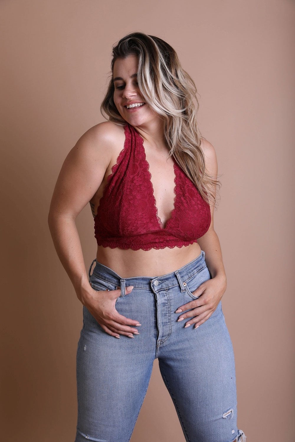 Plus Halter Top Bralette in extended sizes, featuring a three-prong fastener and wide banding for comfort and support.