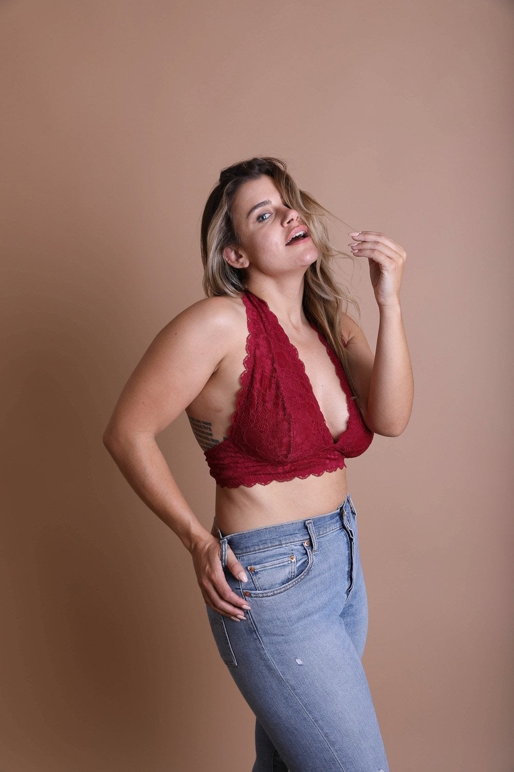 Plus Halter Top Bralette in extended sizes, featuring a three-prong fastener and wide banding for comfort and support.