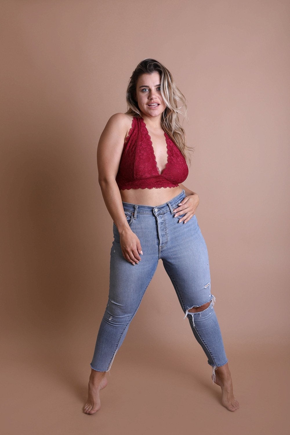 Plus Halter Top Bralette in extended sizes, featuring a three-prong fastener and wide banding for comfort and support.