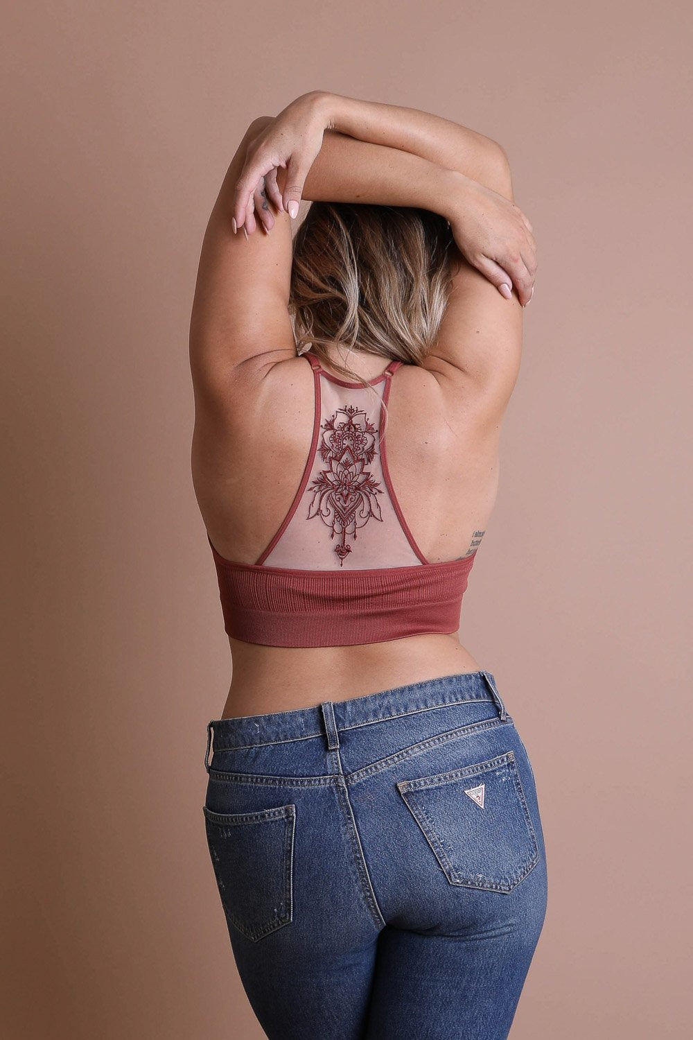 Plus Size Tattoo Back Bralette featuring a unique tattoo design on the back, made from a soft cotton and spandex blend.