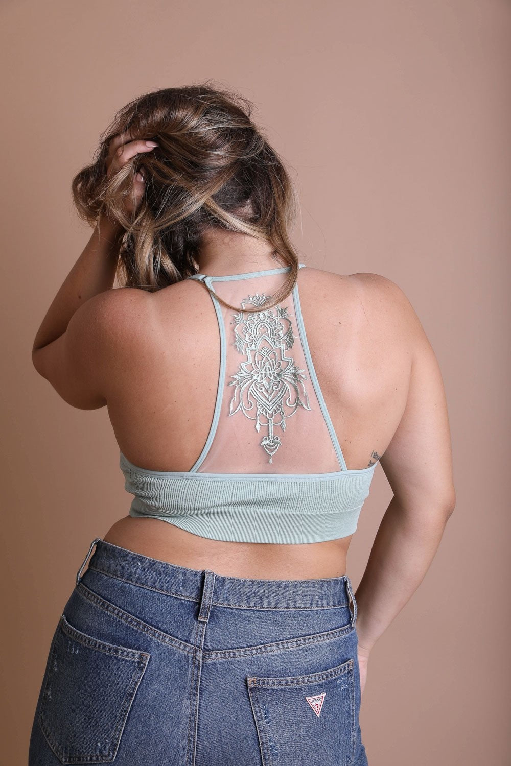 Plus Size Tattoo Back Bralette featuring a unique tattoo design on the back, made from a soft cotton and spandex blend.