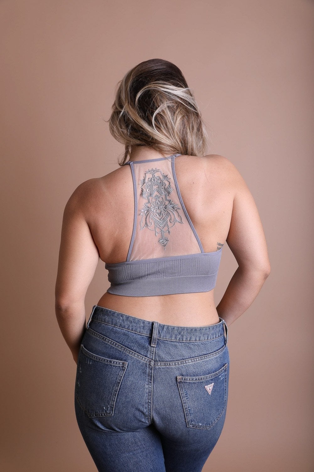 Plus Size Tattoo Back Bralette featuring a unique tattoo design on the back, made from a soft cotton and spandex blend.