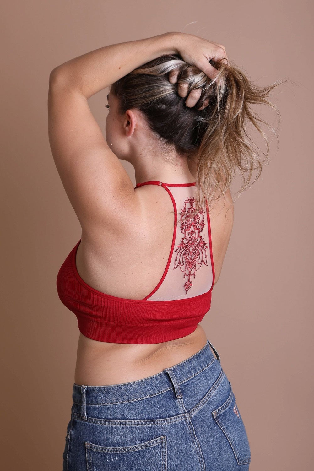 Plus Size Tattoo Back Bralette featuring a unique tattoo design on the back, made from a soft cotton and spandex blend.