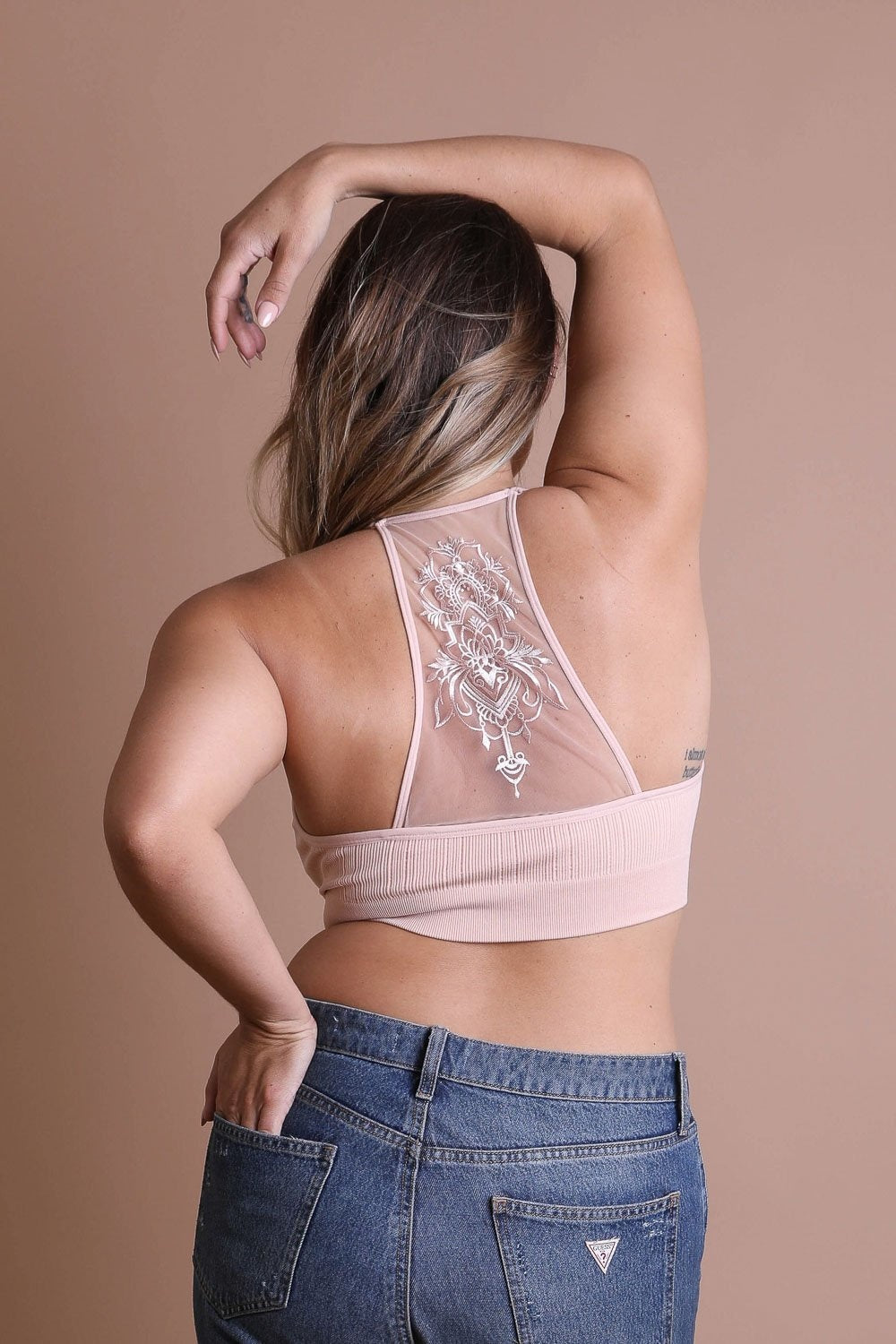 Plus Size Tattoo Back Bralette featuring a unique tattoo design on the back, made from a soft cotton and spandex blend.