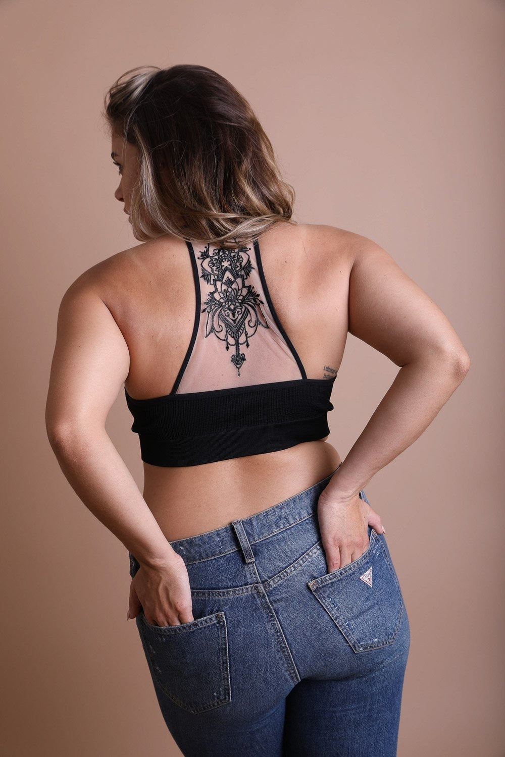 Plus Size Tattoo Back Bralette featuring a unique tattoo design on the back, made from a soft cotton and spandex blend.