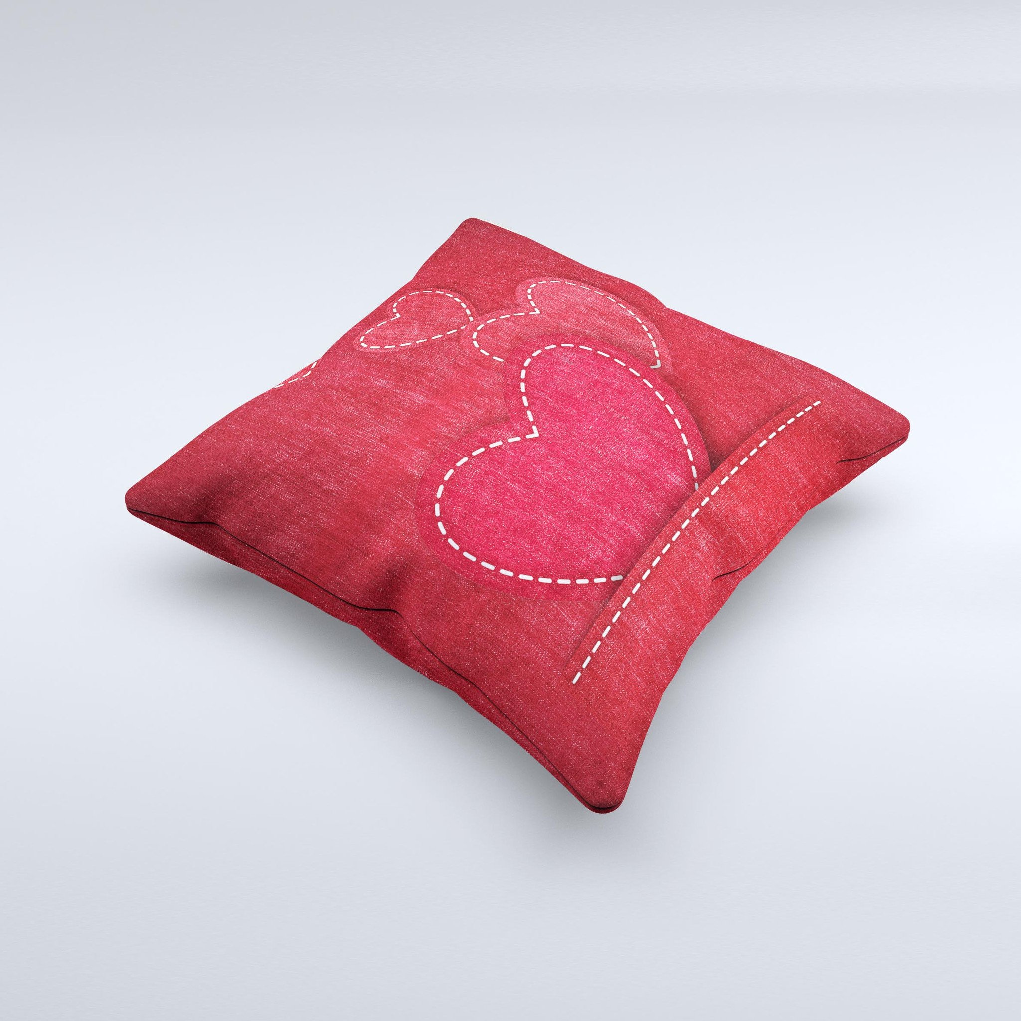 Handcrafted decorative throw pillow featuring red scratched hearts design on a soft poly/cotton fabric.