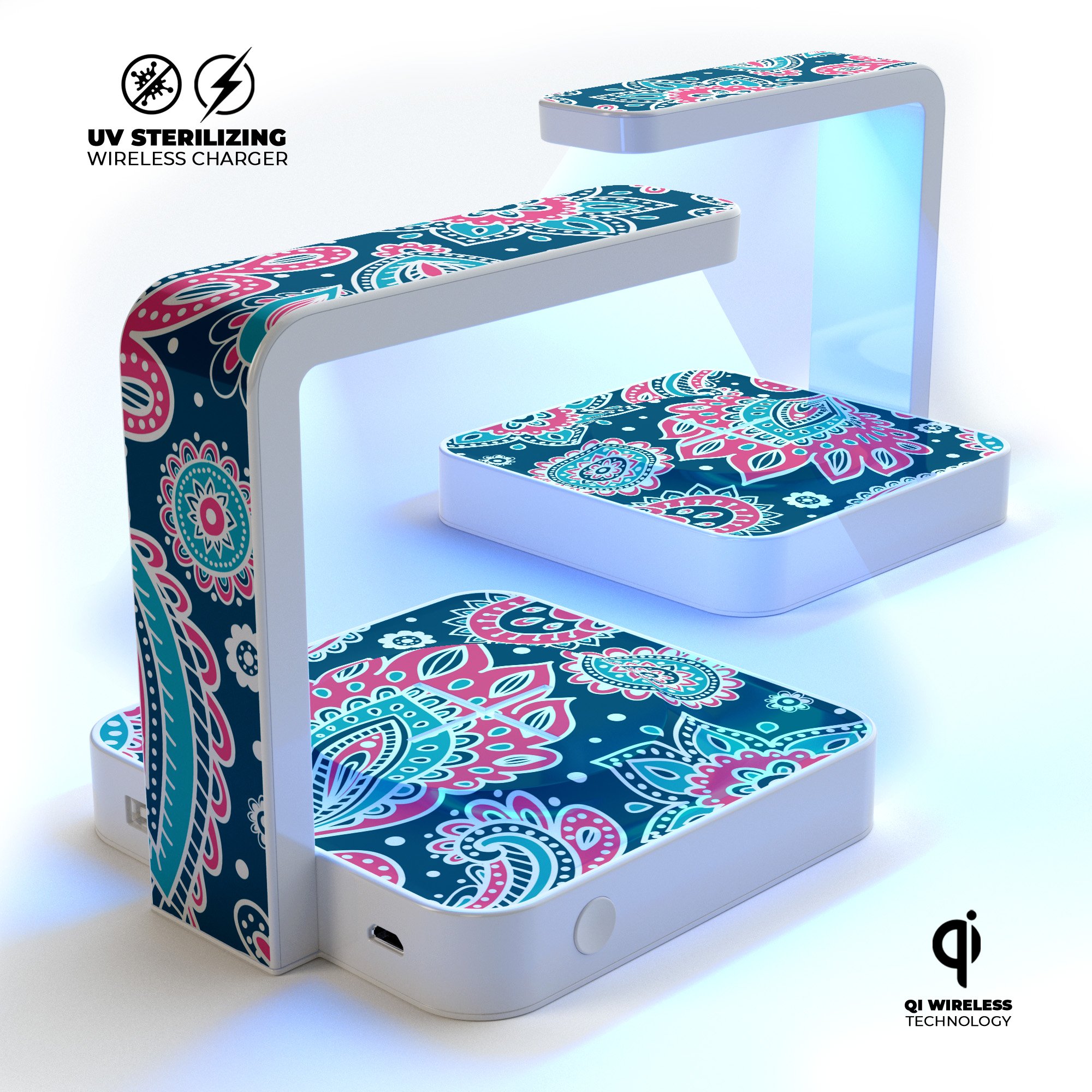 Poppin Pastel Paisley UV Germicidal Sanitizing Wireless Charger with decorative skin, showcasing its sleek design and functionality.