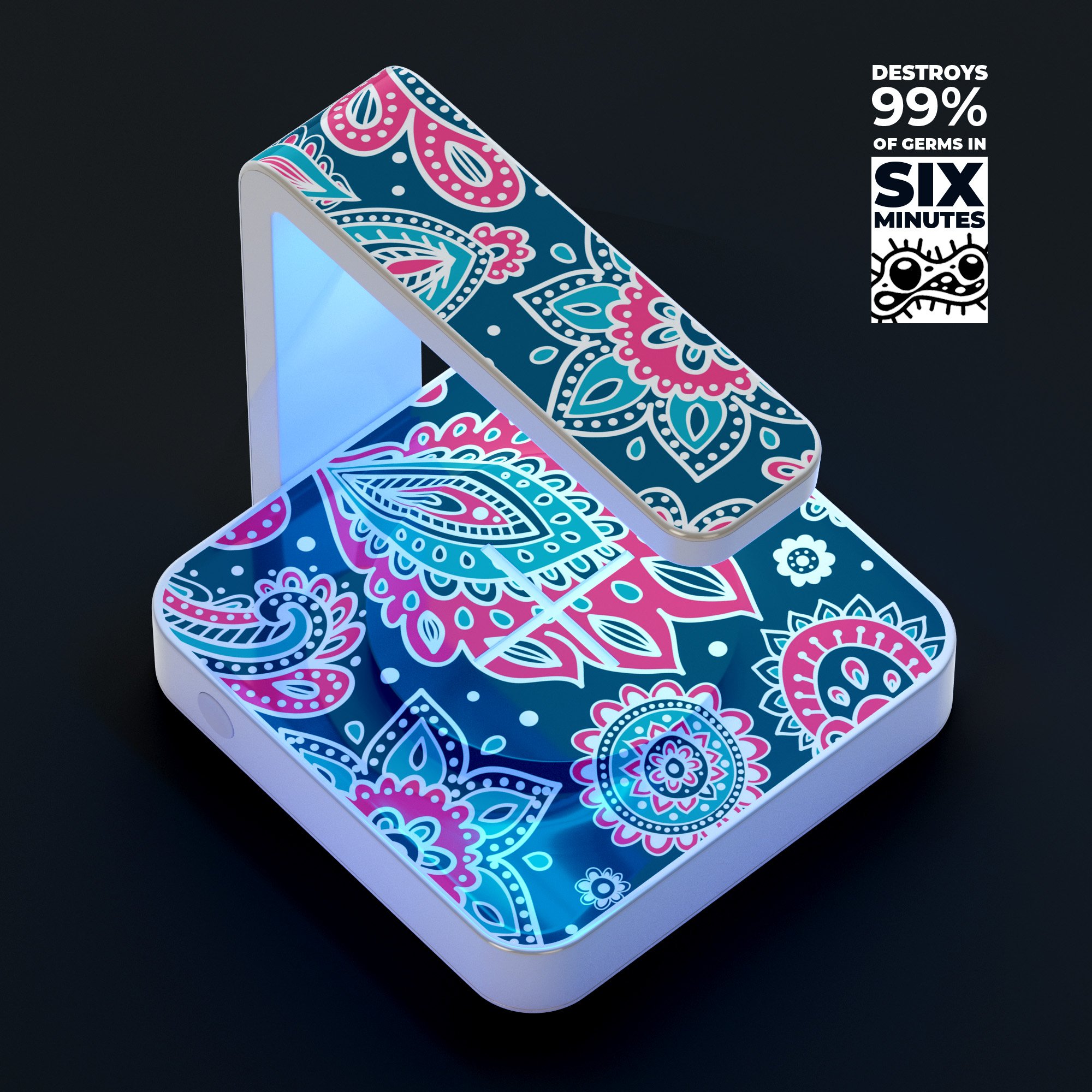 Poppin Pastel Paisley UV Germicidal Sanitizing Wireless Charger with decorative skin, showcasing its sleek design and functionality.