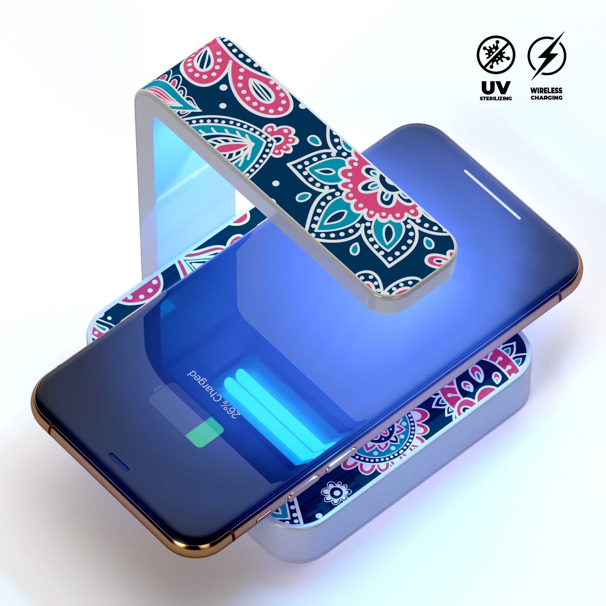 Poppin Pastel Paisley UV Germicidal Sanitizing Wireless Charger with decorative skin, showcasing its sleek design and functionality.