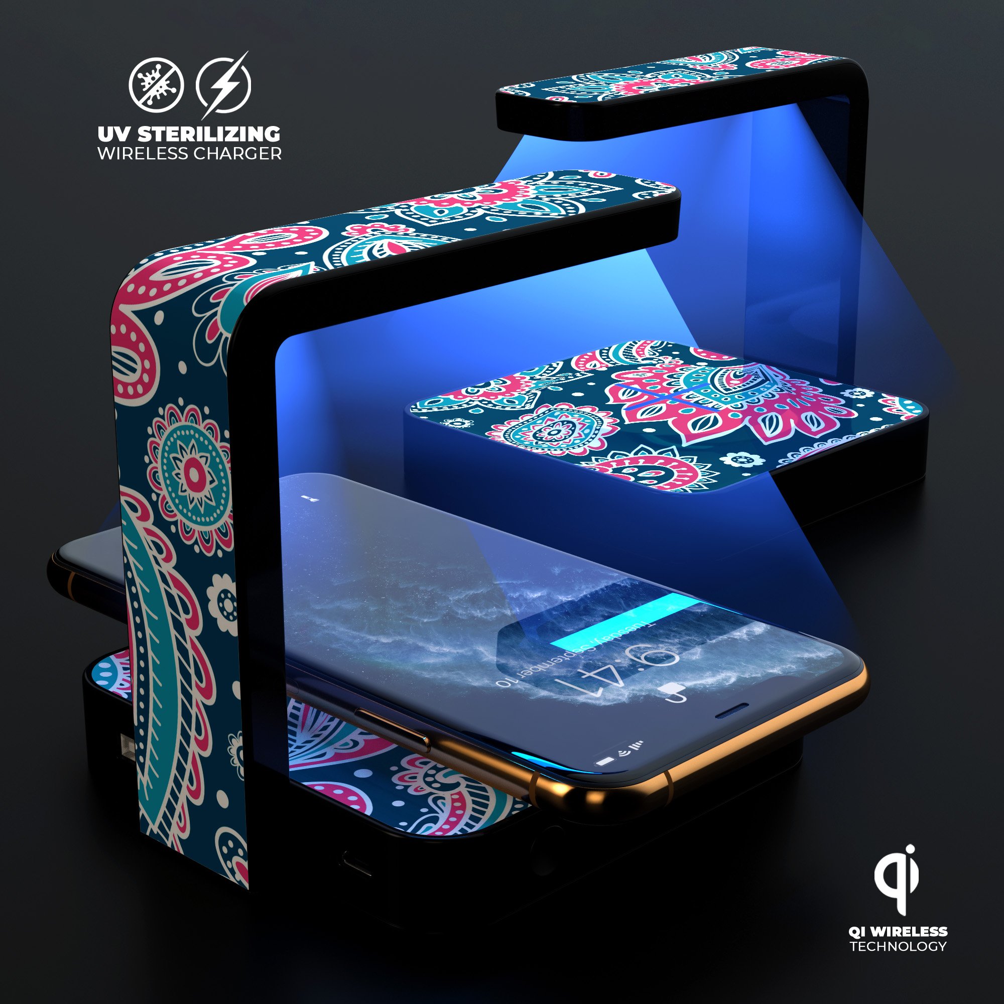 Poppin Pastel Paisley UV Germicidal Sanitizing Wireless Charger with decorative skin, showcasing its sleek design and functionality.