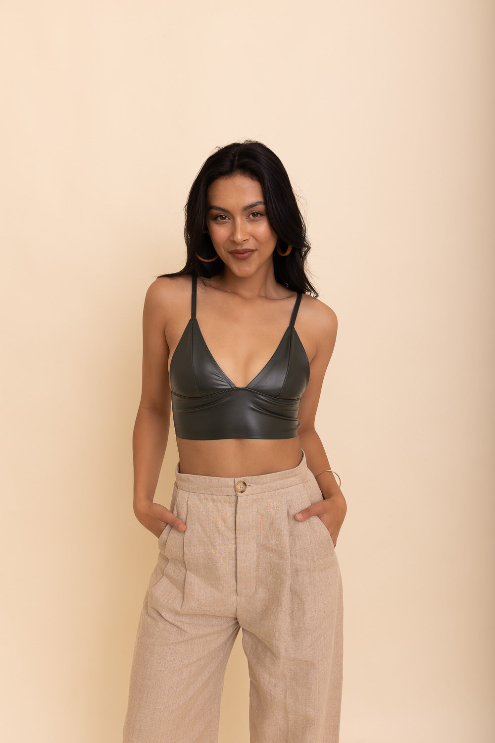 Posh Faux Leather Longline Bralette in sleek black, showcasing its stylish design and luxurious faux leather material.