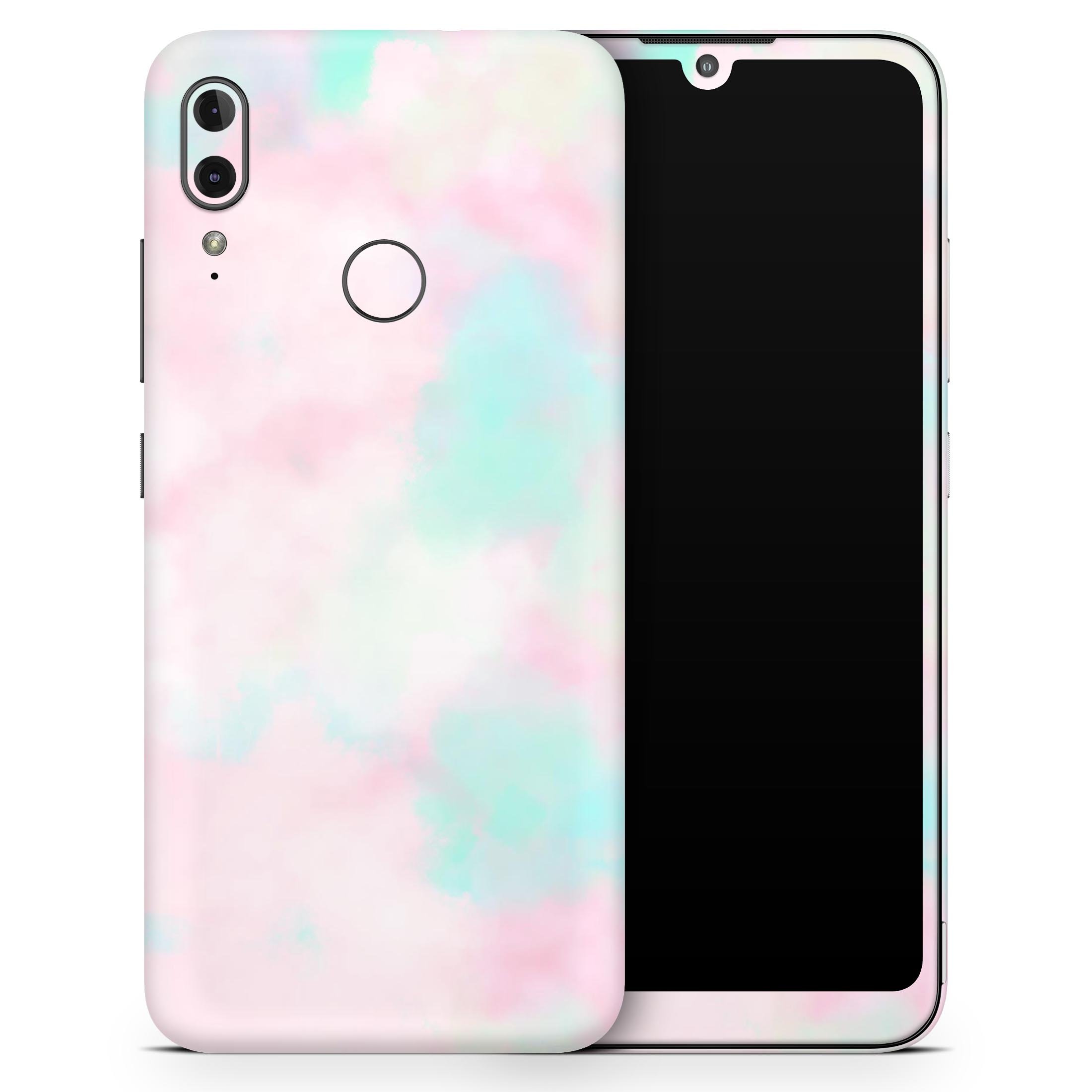 Pretty Pastel Clouds V7 skateboard skin decal wrap kit showcasing a vibrant pastel cloud design, perfectly fitted on a skateboard deck.