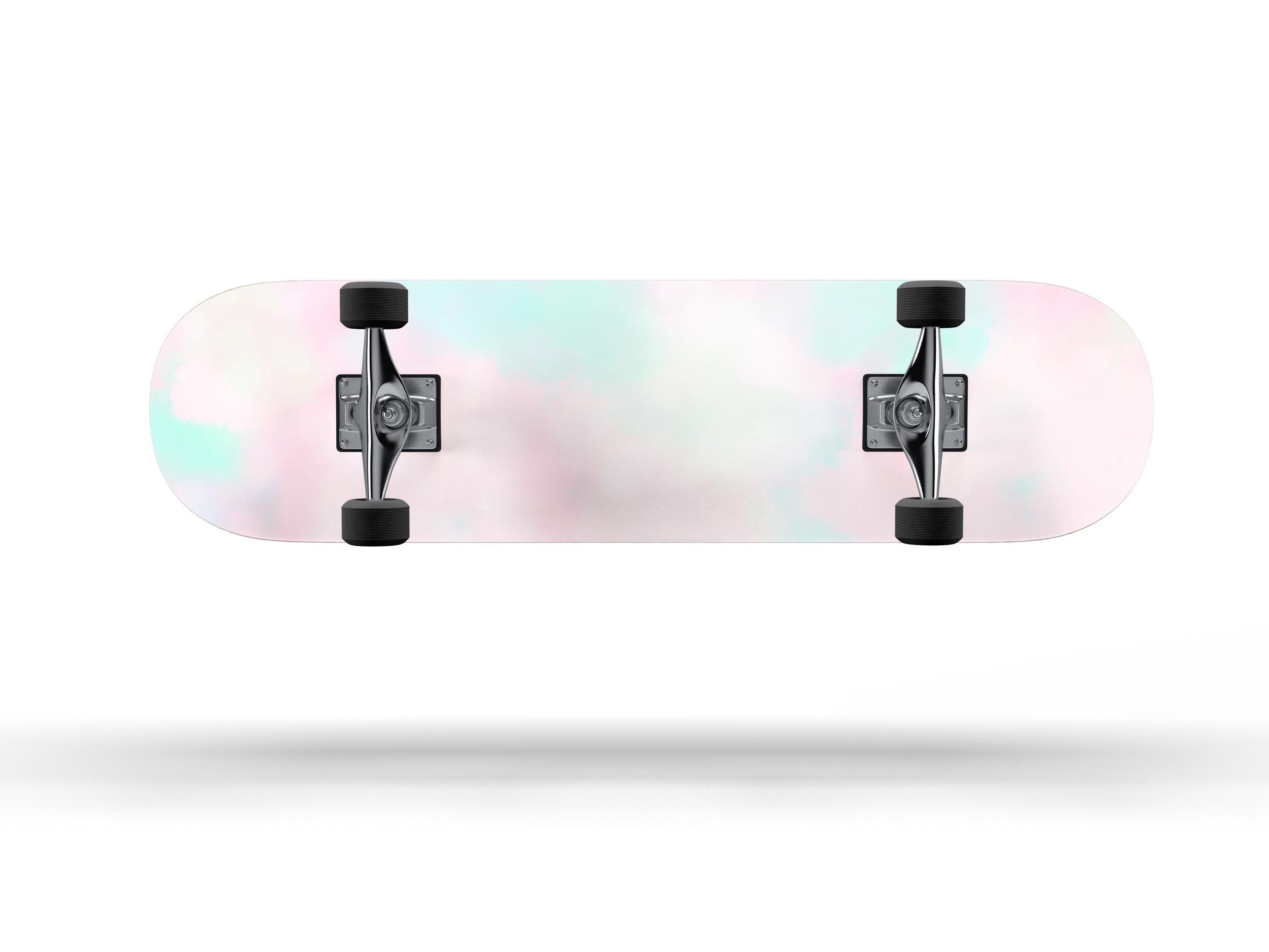 Pretty Pastel Clouds V7 skateboard skin decal wrap kit showcasing a vibrant pastel cloud design, perfectly fitted on a skateboard deck.