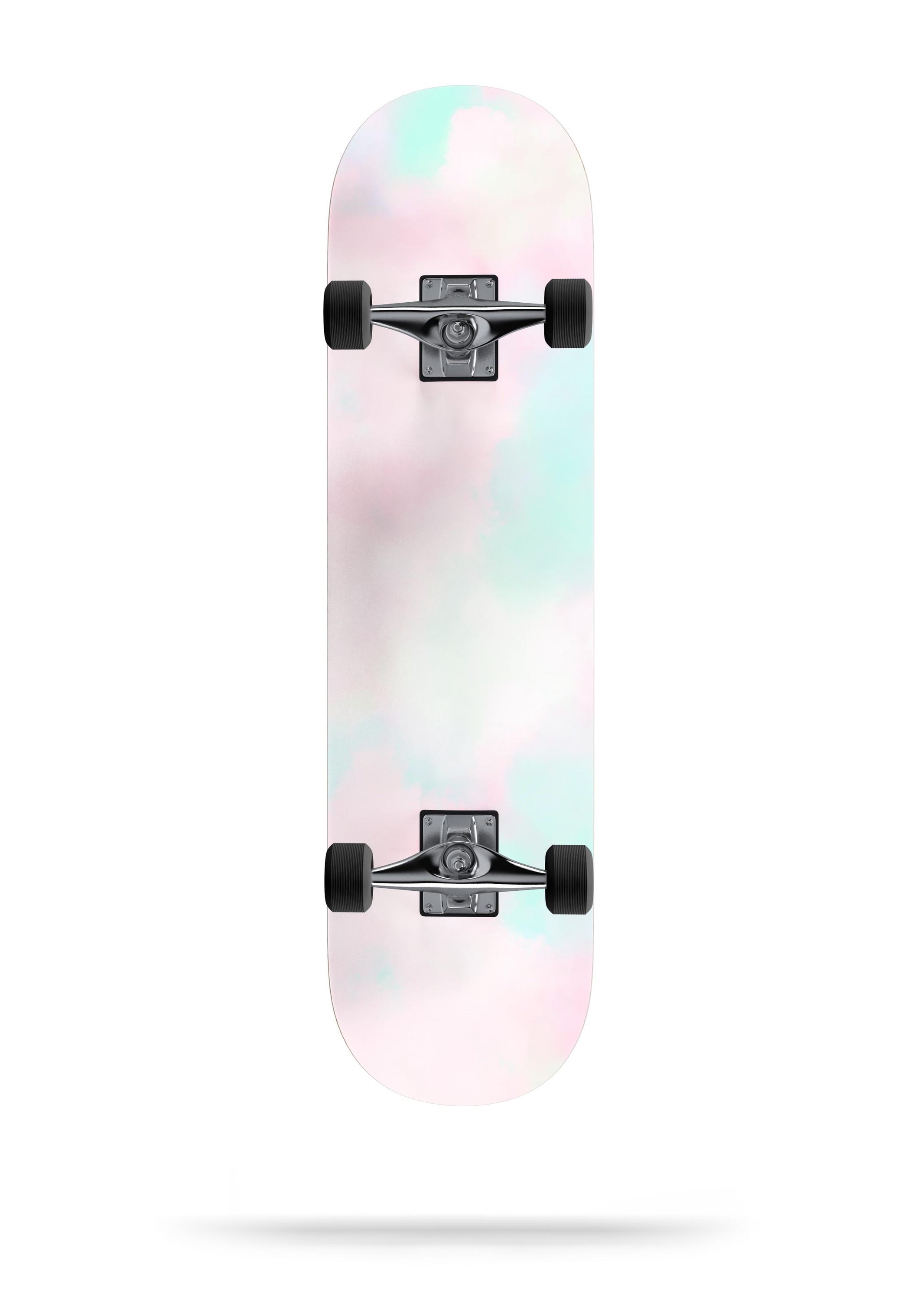 Pretty Pastel Clouds V7 skateboard skin decal wrap kit showcasing a vibrant pastel cloud design, perfectly fitted on a skateboard deck.