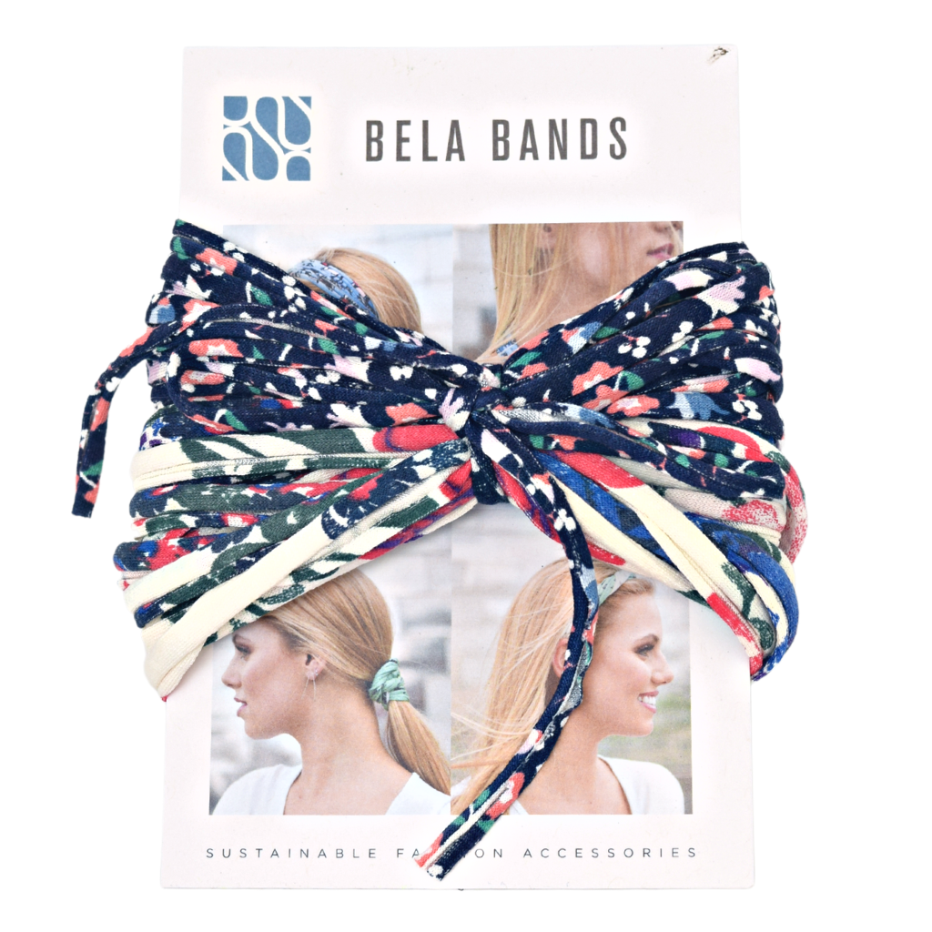 Two stylish Prints + Patterned Bela Bands in vibrant colors, showcasing their versatility as headbands and bracelets.