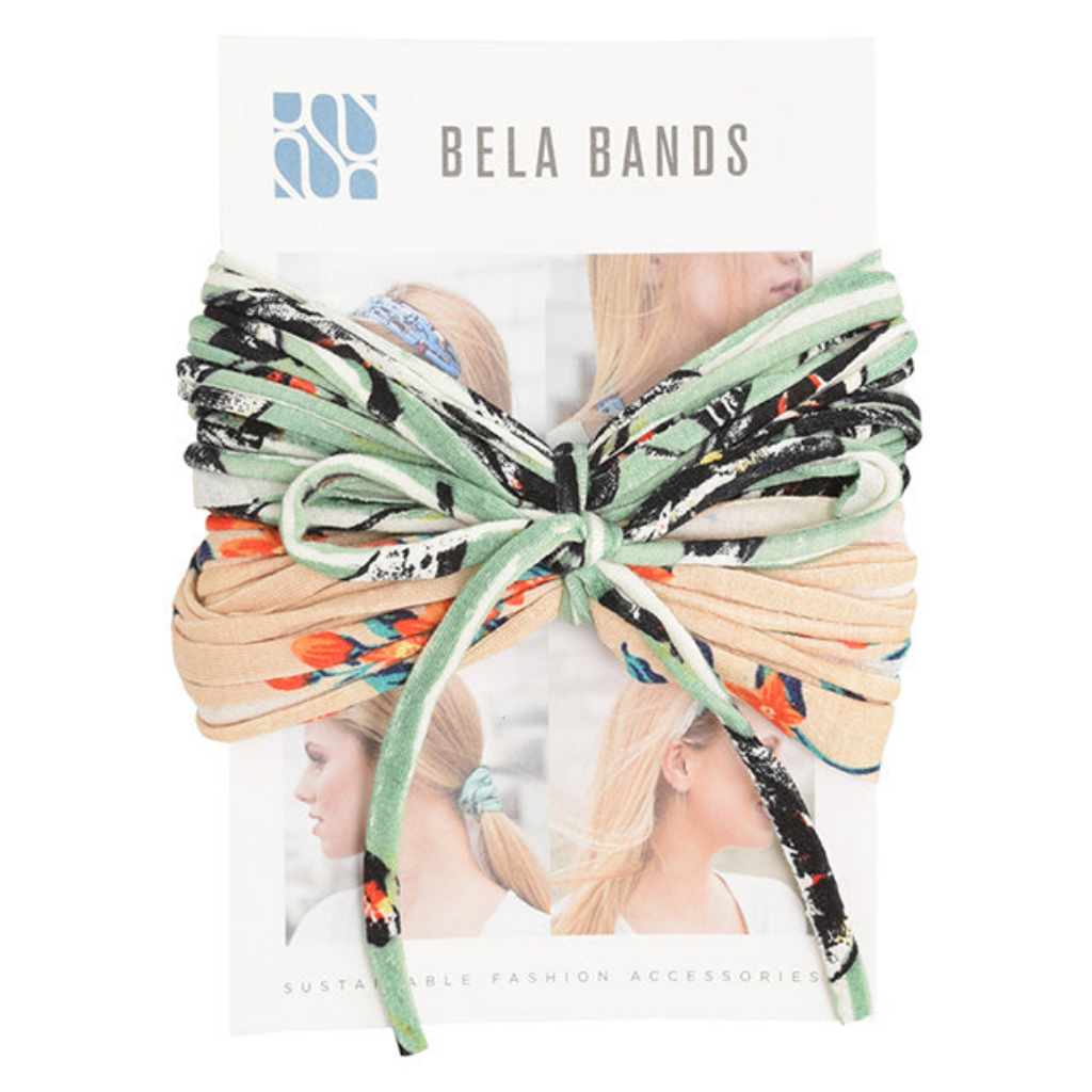 Two stylish Prints + Patterned Bela Bands in vibrant colors, showcasing their versatility as headbands and bracelets.