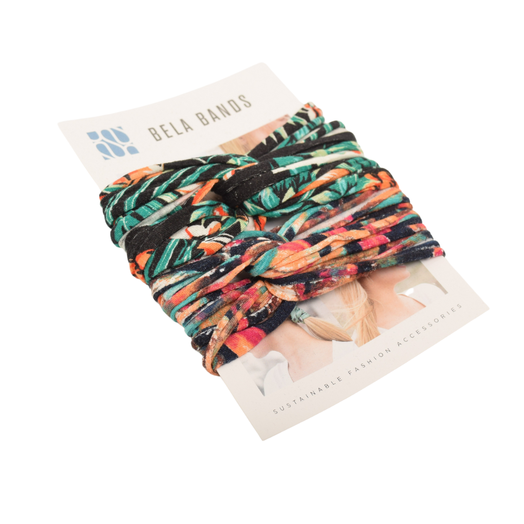 Two stylish Prints + Patterned Bela Bands in vibrant colors, showcasing their versatility as headbands and bracelets.