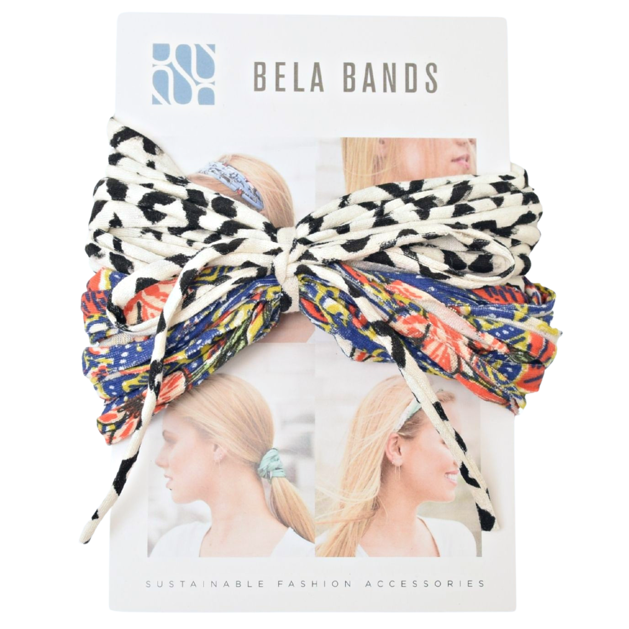 Two stylish Prints + Patterned Bela Bands in vibrant colors, showcasing their versatility as headbands and bracelets.