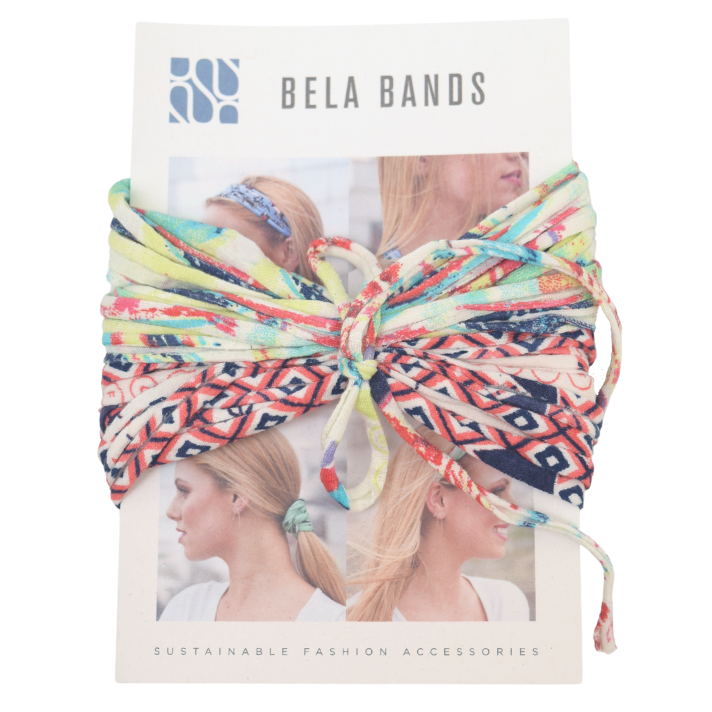 Two stylish Prints + Patterned Bela Bands in vibrant colors, showcasing their versatility as headbands and bracelets.