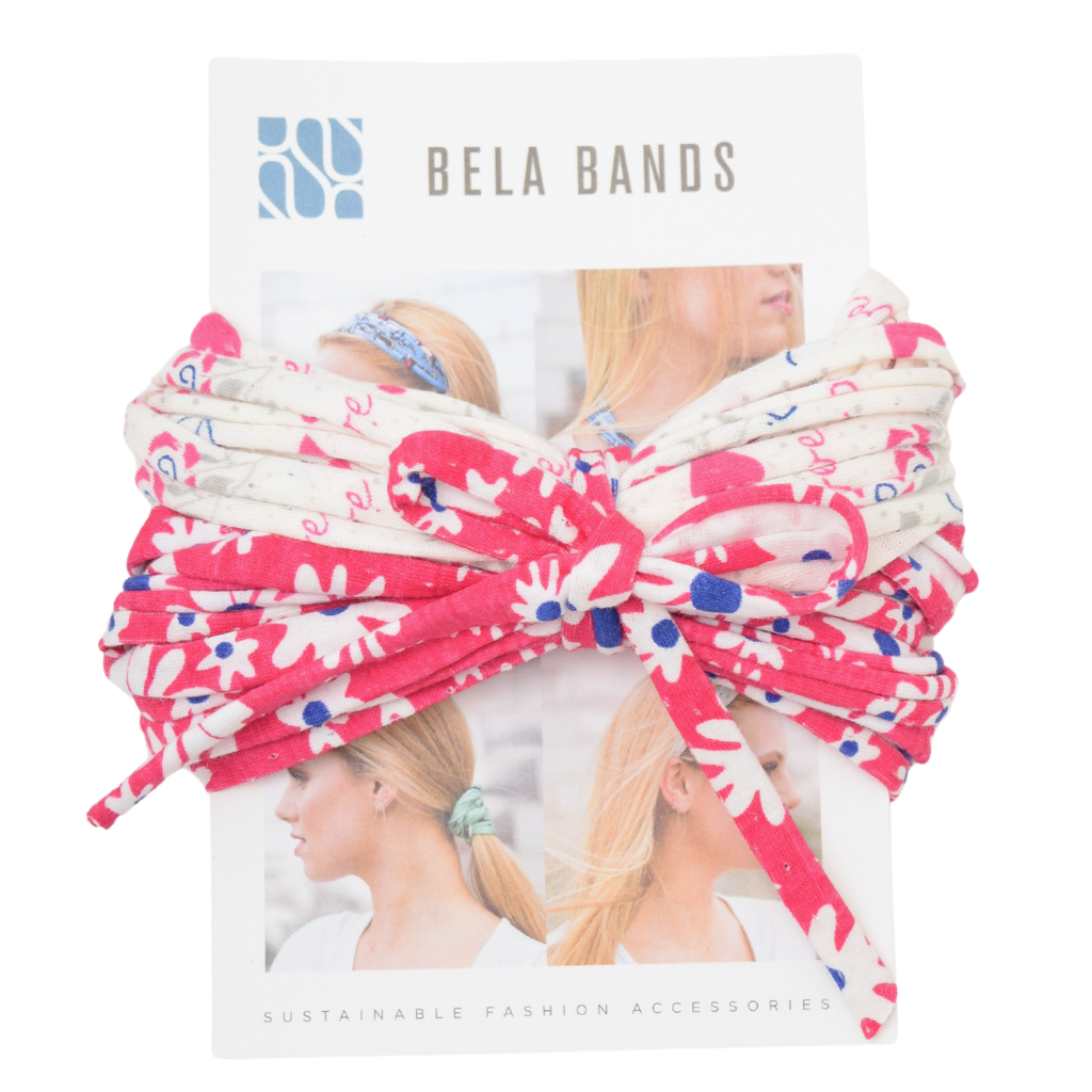 Two stylish Prints + Patterned Bela Bands in vibrant colors, showcasing their versatility as headbands and bracelets.