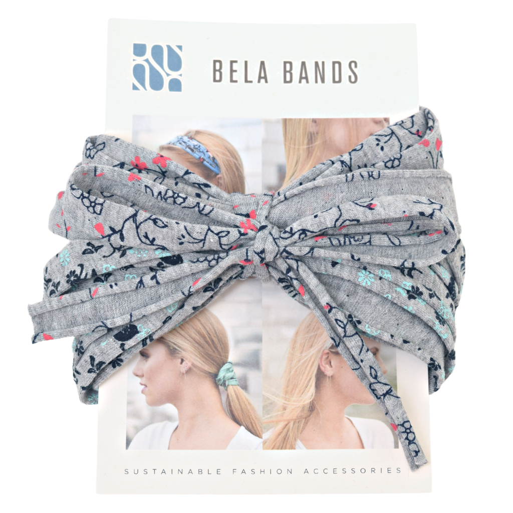 Two stylish Prints + Patterned Bela Bands in vibrant colors, showcasing their versatility as headbands and bracelets.