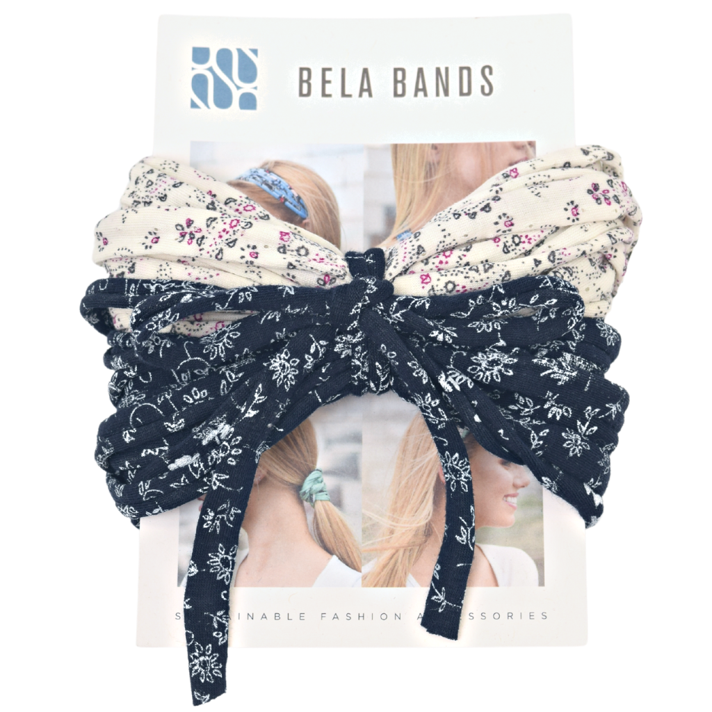 Two stylish Prints + Patterned Bela Bands in vibrant colors, showcasing their versatility as headbands and bracelets.