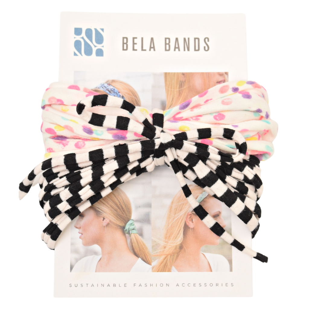 Two stylish Prints + Patterned Bela Bands in vibrant colors, showcasing their versatility as headbands and bracelets.