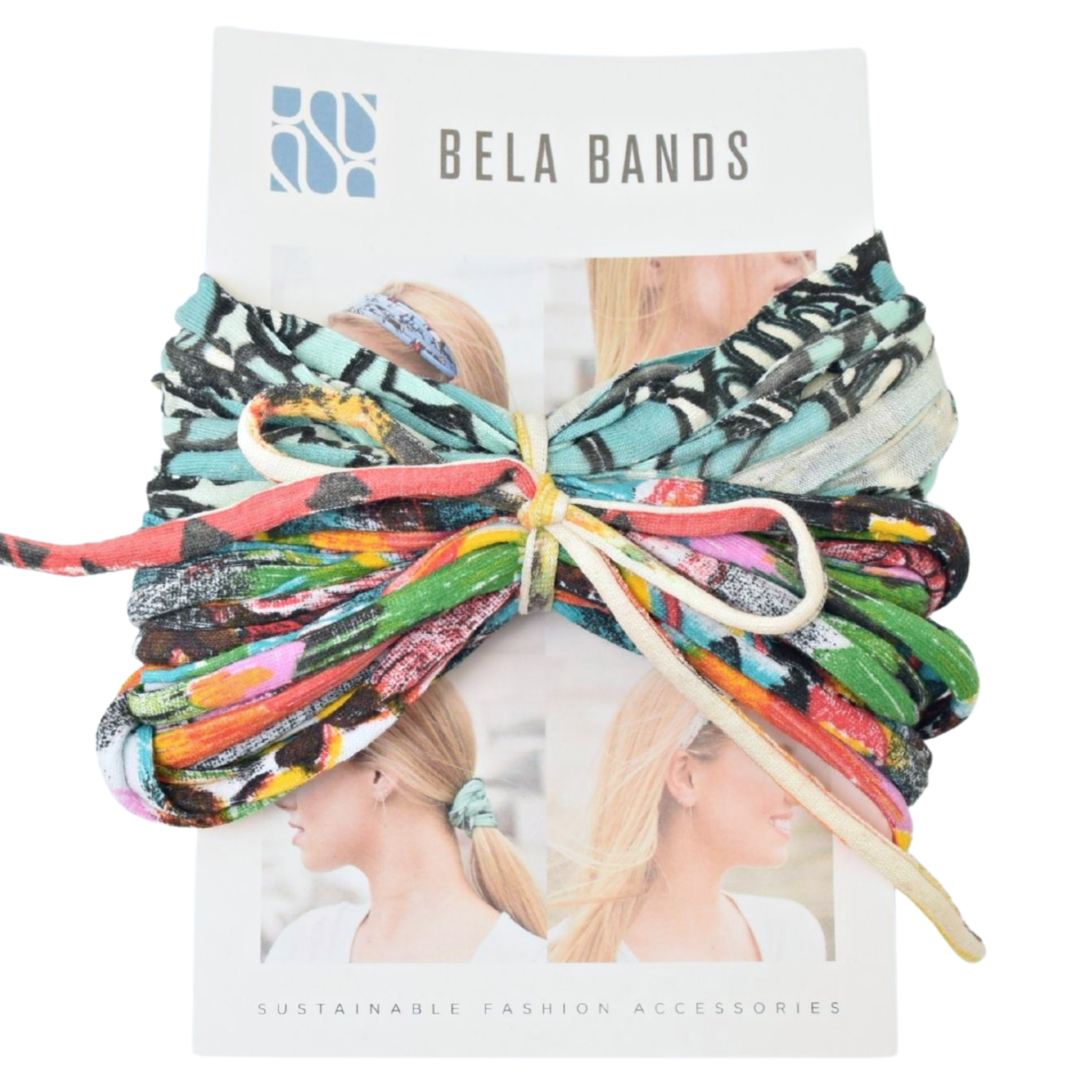 Two stylish Prints + Patterned Bela Bands in vibrant colors, showcasing their versatility as headbands and bracelets.