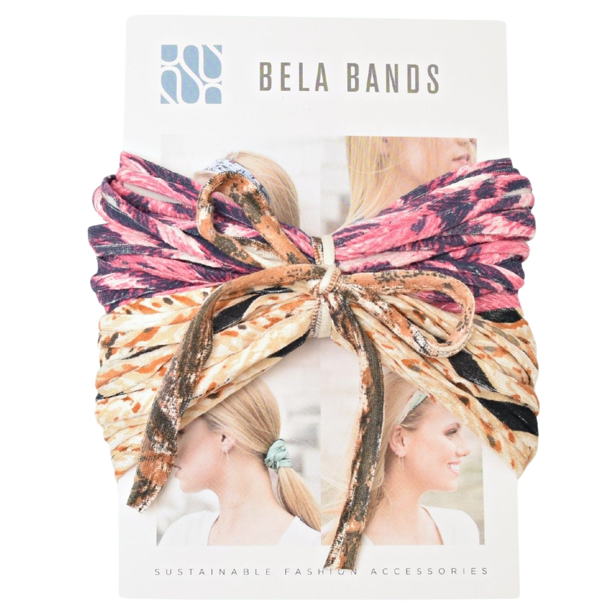 Two stylish Prints + Patterned Bela Bands in vibrant colors, showcasing their versatility as headbands and bracelets.